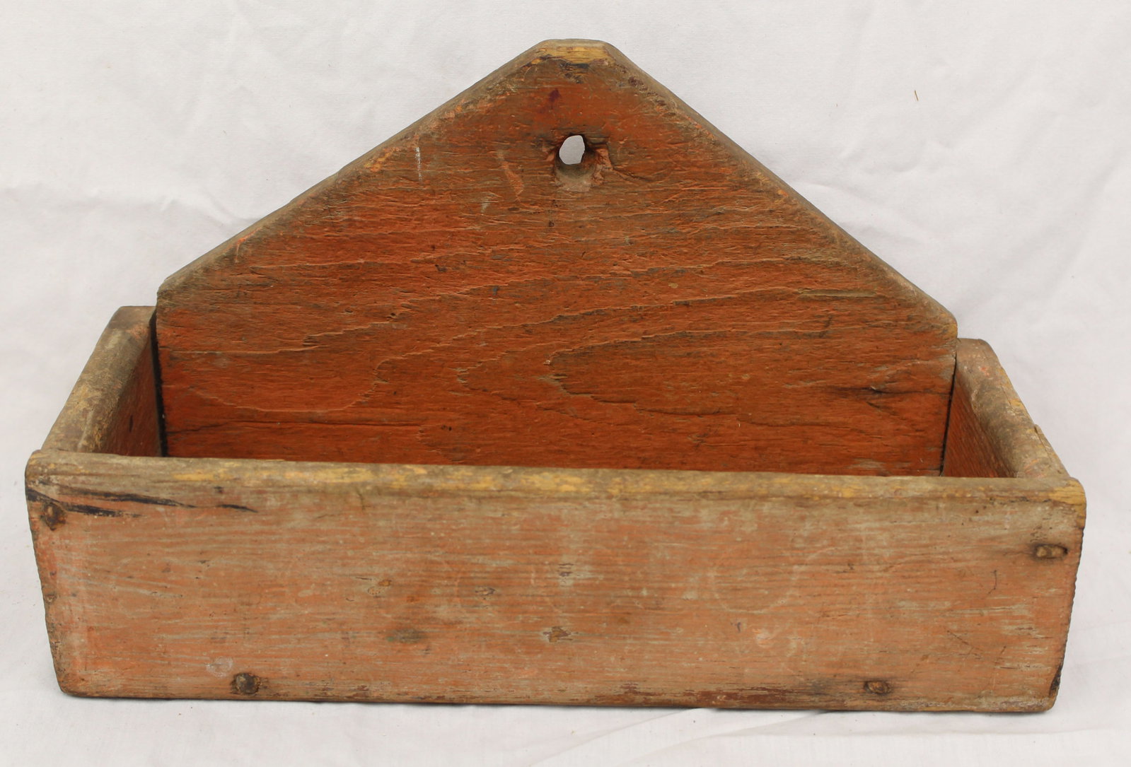 18thC wall box w rosehead nails & scratch circle decoration on front in old salmon paint - 8 1/2" (1 of 7)