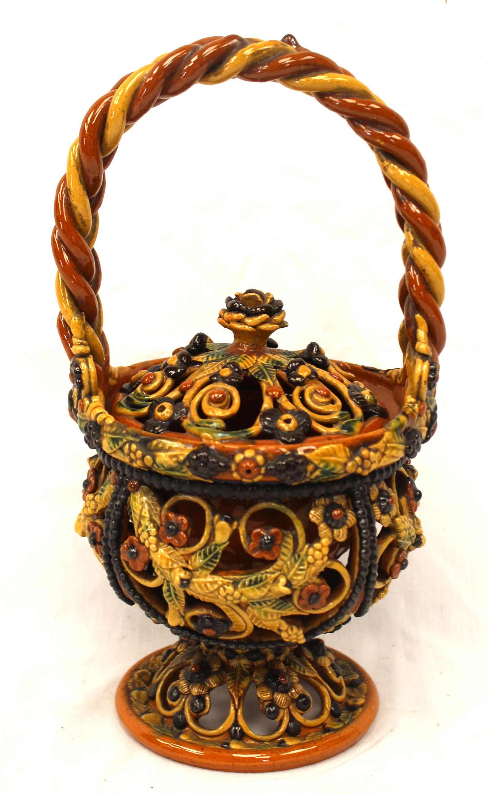 Antique redware very ornate covered basket - 10 1/2" tall (1 of 14)