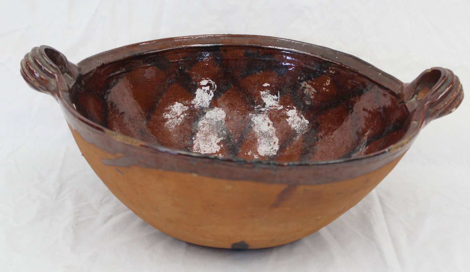 Large antique redware 2 handled bowl w interior decoration - 8 1/2" tall x 15 1/2" diam (1 of 7)