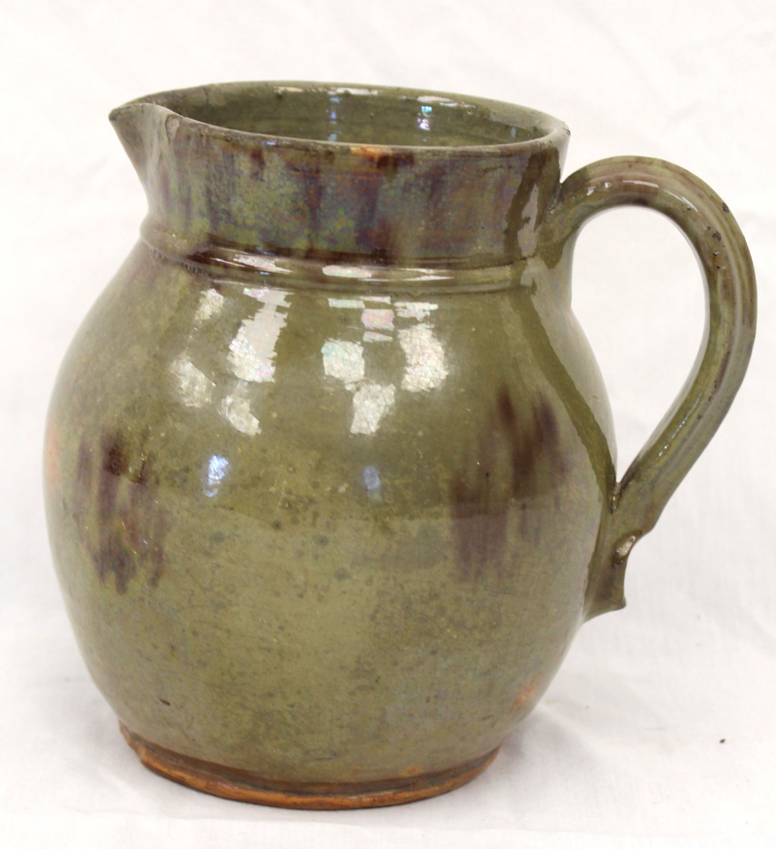 Antique redware pitcher w green glaze - 6 3/4" tall (1 of 7)