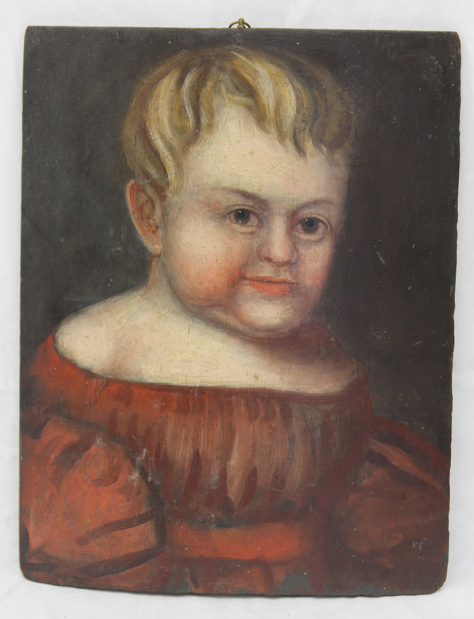 19thC o/panel folk art portrait of a child signed & dated 1830 on verso - unframed 16 1/2"x12 1/2" (1 of 8)