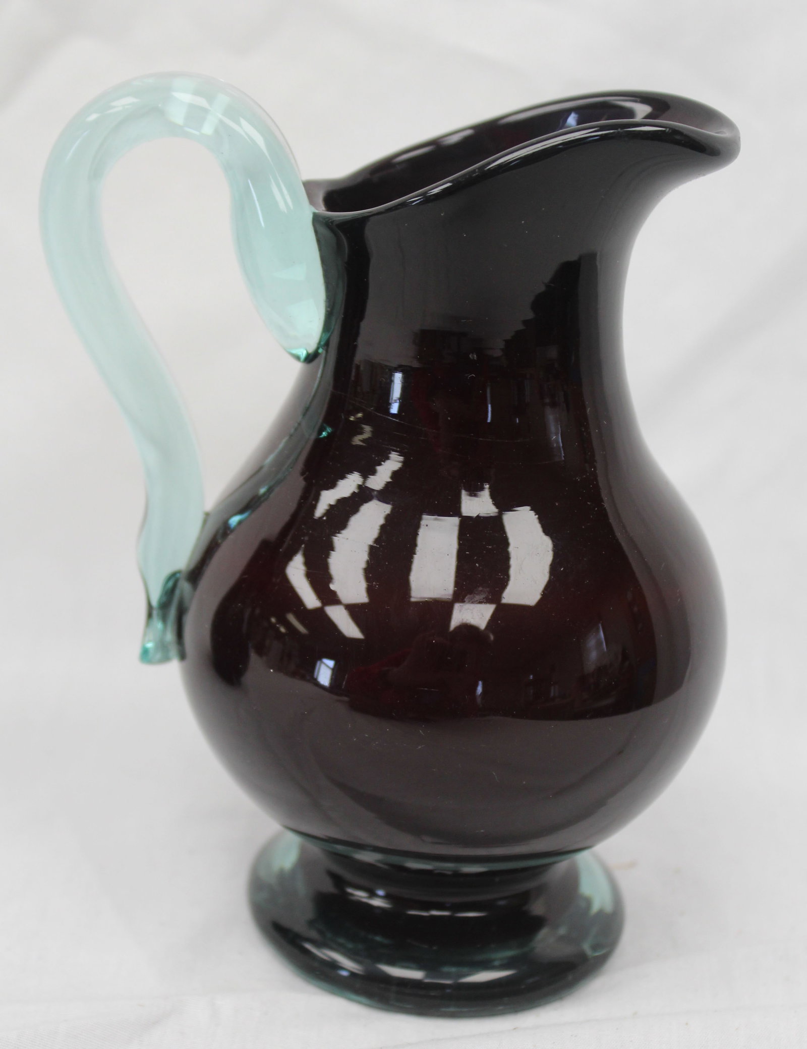 Early amethyst glass creamer w applied aqua glass handle - 5 1/2" tall (1 of 9)