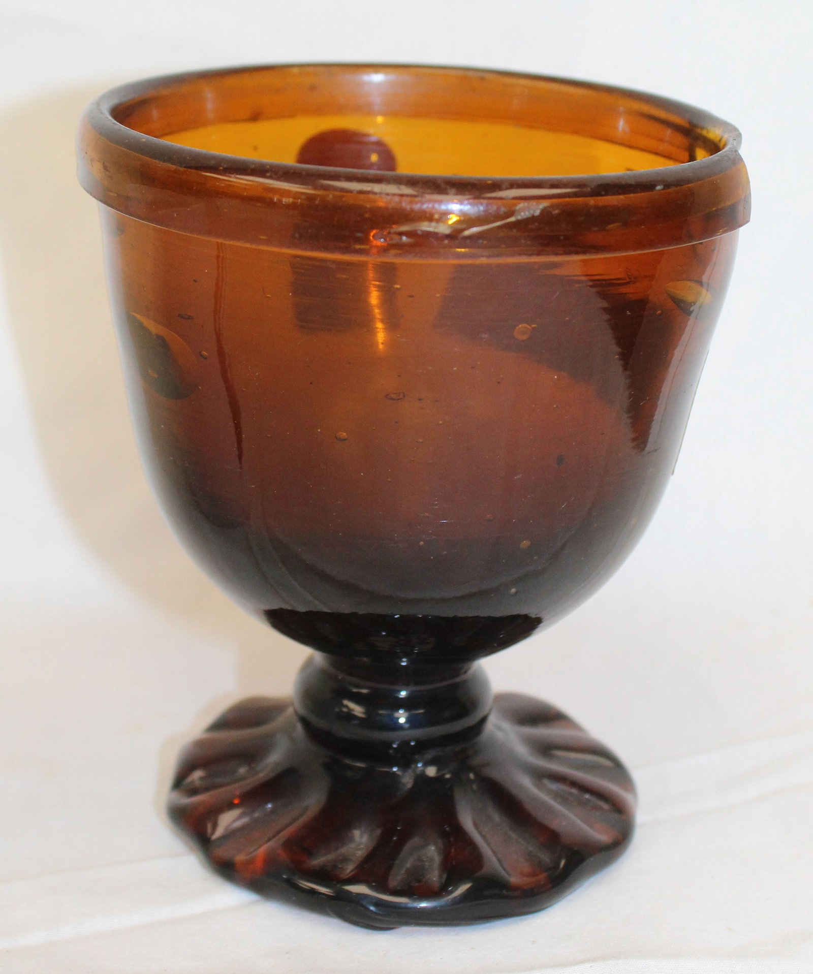 Early amber glass pedestal compote - as found - 5" tall x 4 1/2" diam (1 of 9)