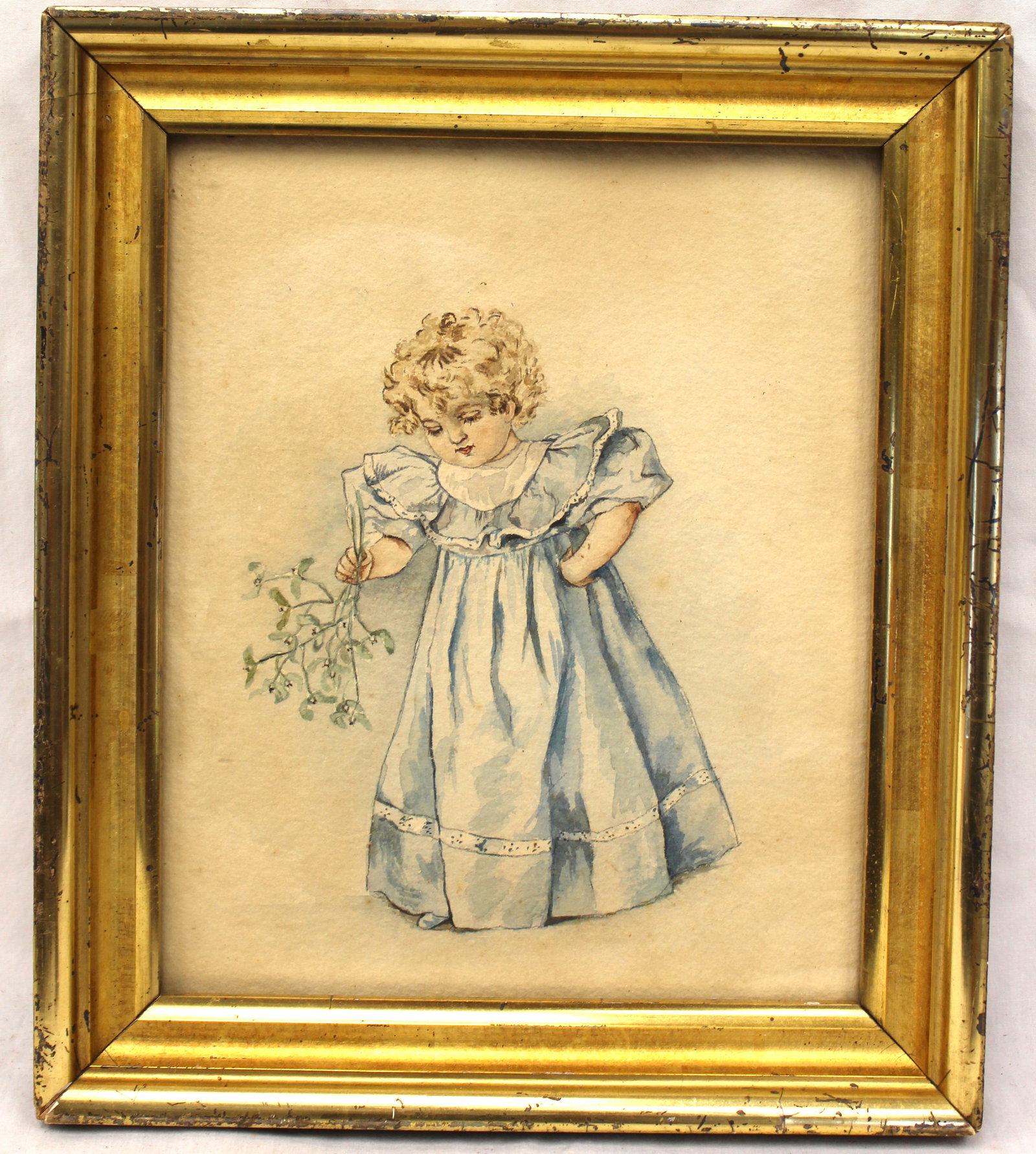 Antique w/c of a young girl in blue dress holding flowers - overall framed size 12"x10": Antique w/c of a young girl in blue dress holding flowers - overall framed size 12"x10"