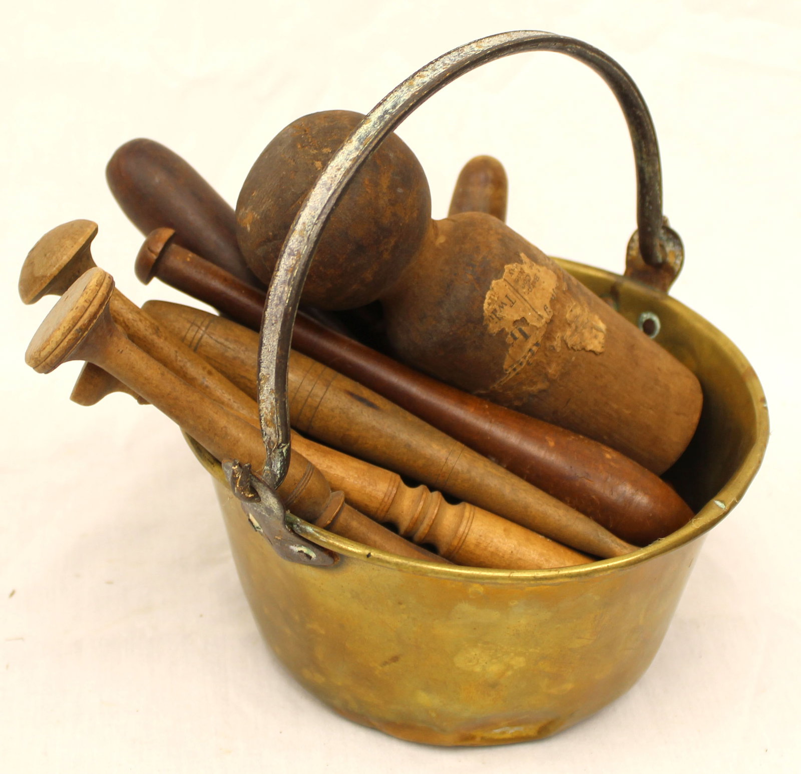 Antique brass pail filled with antique wooden muddlers - 4" tall 7" diam pail - 4"-7" muddlers (1 of 7)