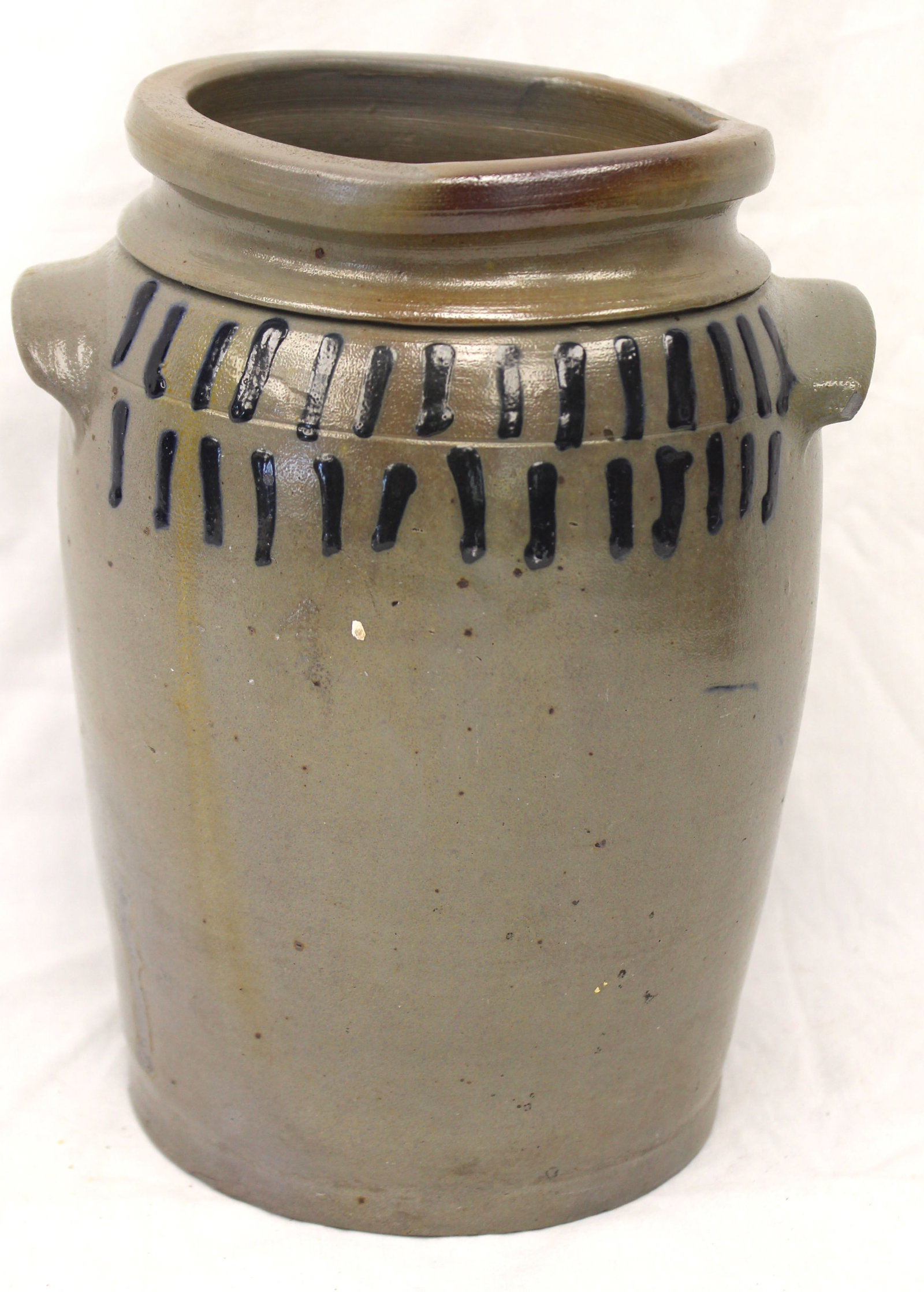 Antique stoneware jar w cobalt decoration around the top - 10" tall (1 of 8)