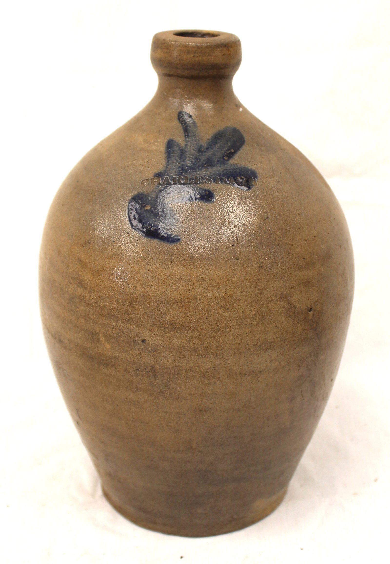 Antique Charlestown stoneware ovoid jug w cobalt leaf dec - 10" tall (1 of 8)
