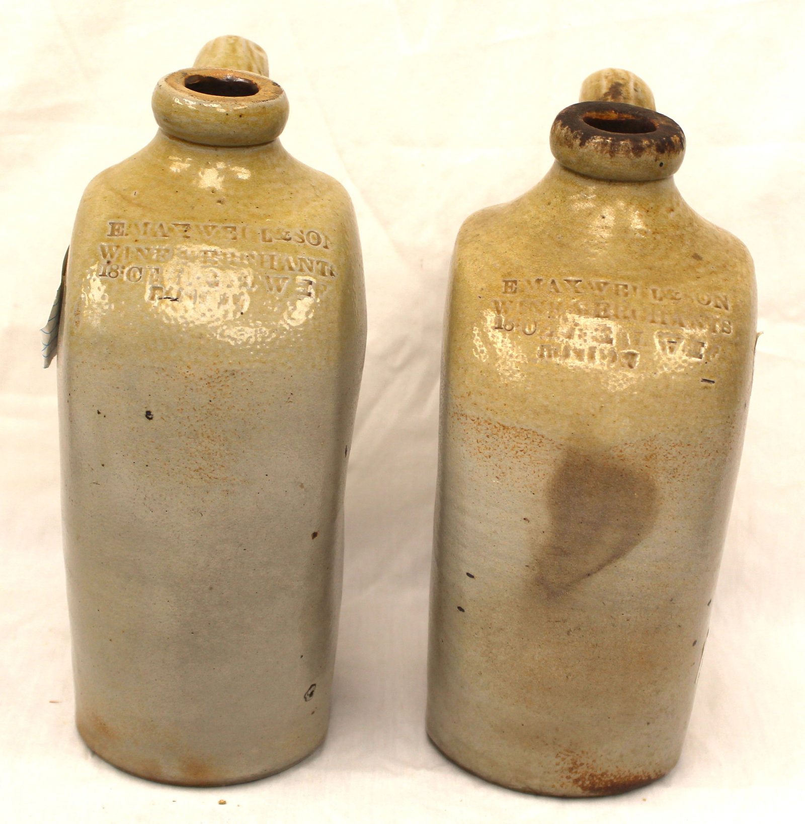 Lot of 2 antique stoneware flat sided wine merchant jugs - E. Maxwell & Son Boston - 11" & 10 1/2" (1 of 11)