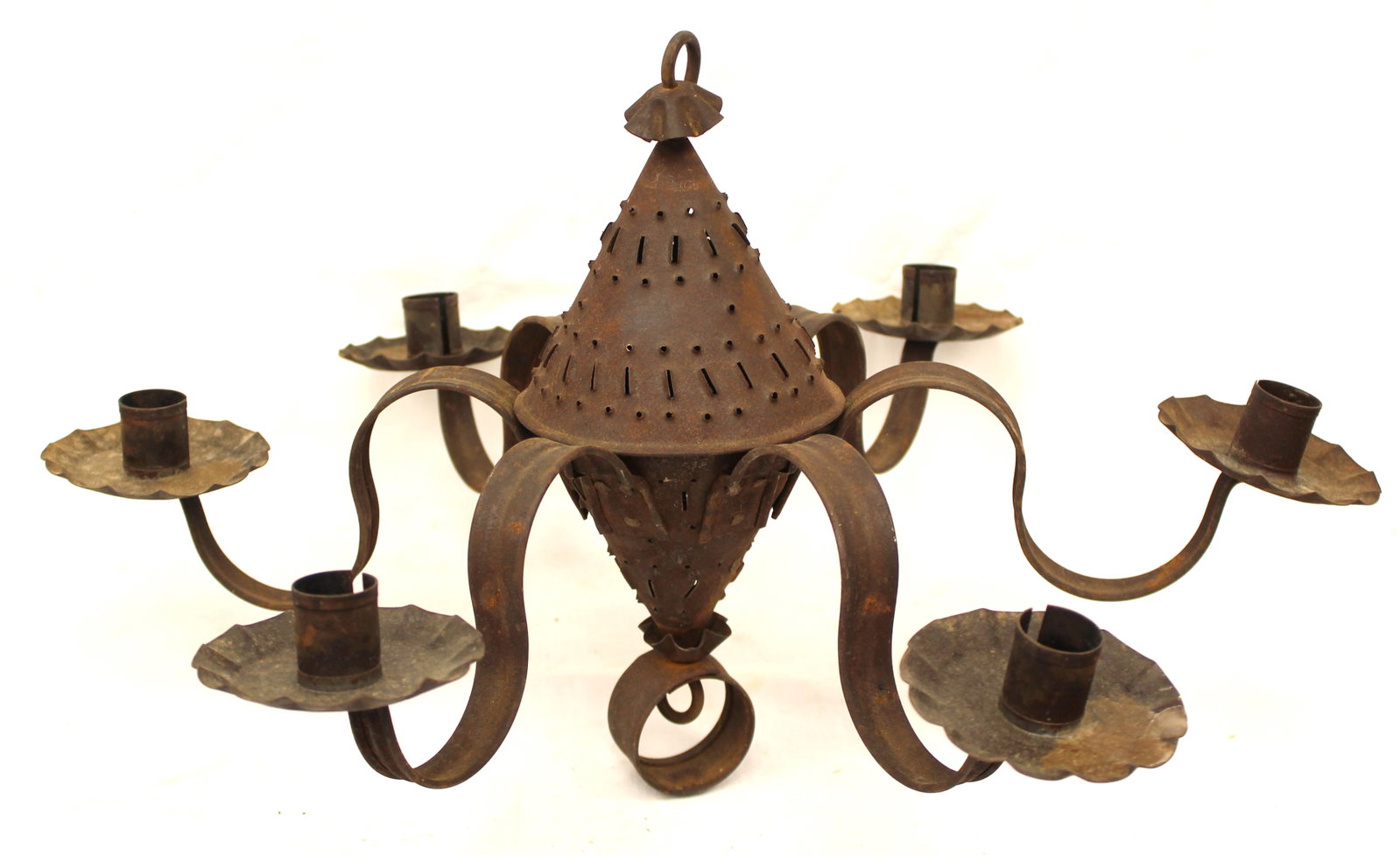 Punched tin 6 arm candle chandelier - 11 1/2" tall x 20" diam (1 of 4)