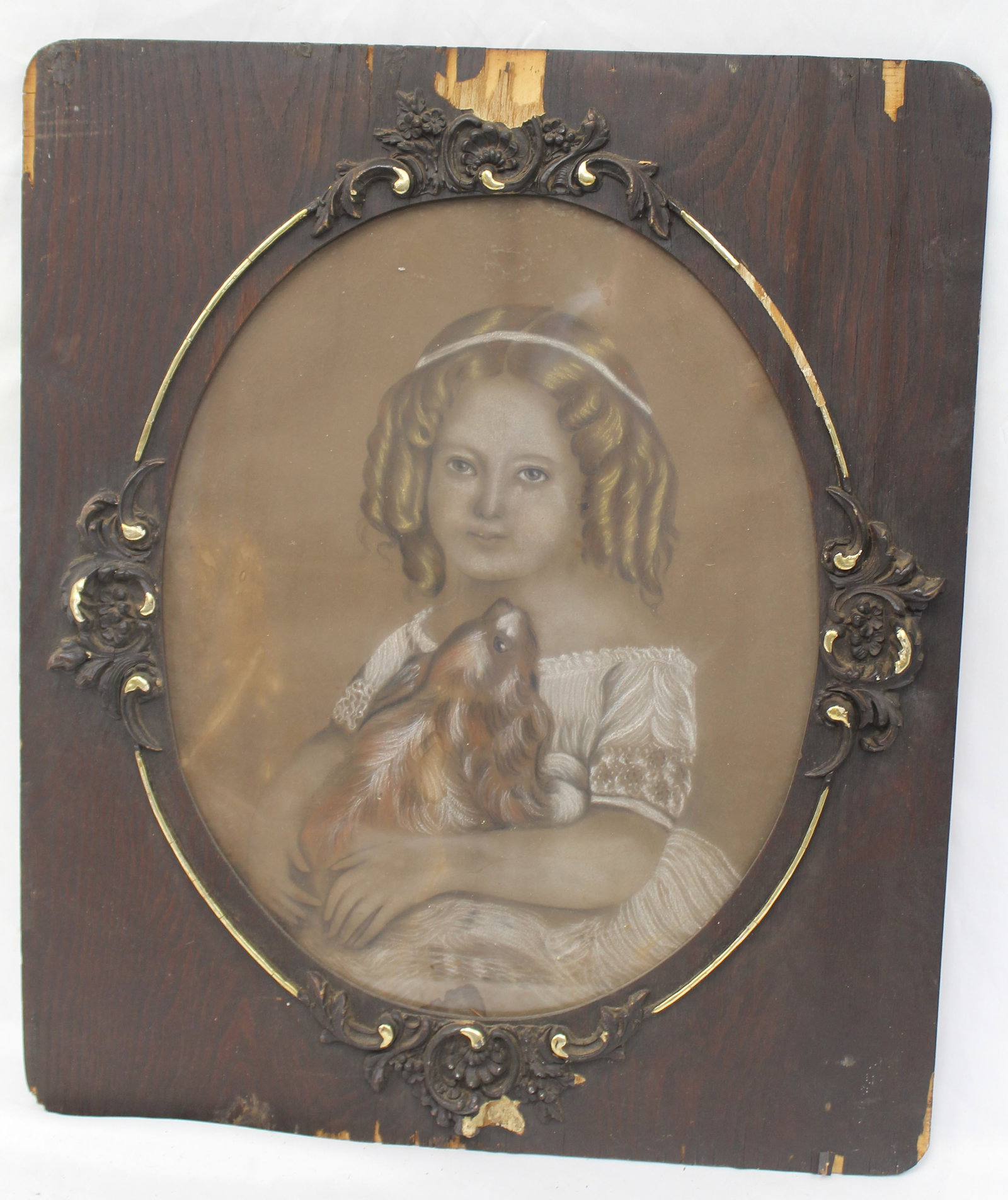 Antique pastel/charcoal of young girl w dog - overall framed size 26 1/2" x 23 1/2": Antique pastel/charcoal of young girl w dog - overall framed size 26 1/2" x 23 1/2"