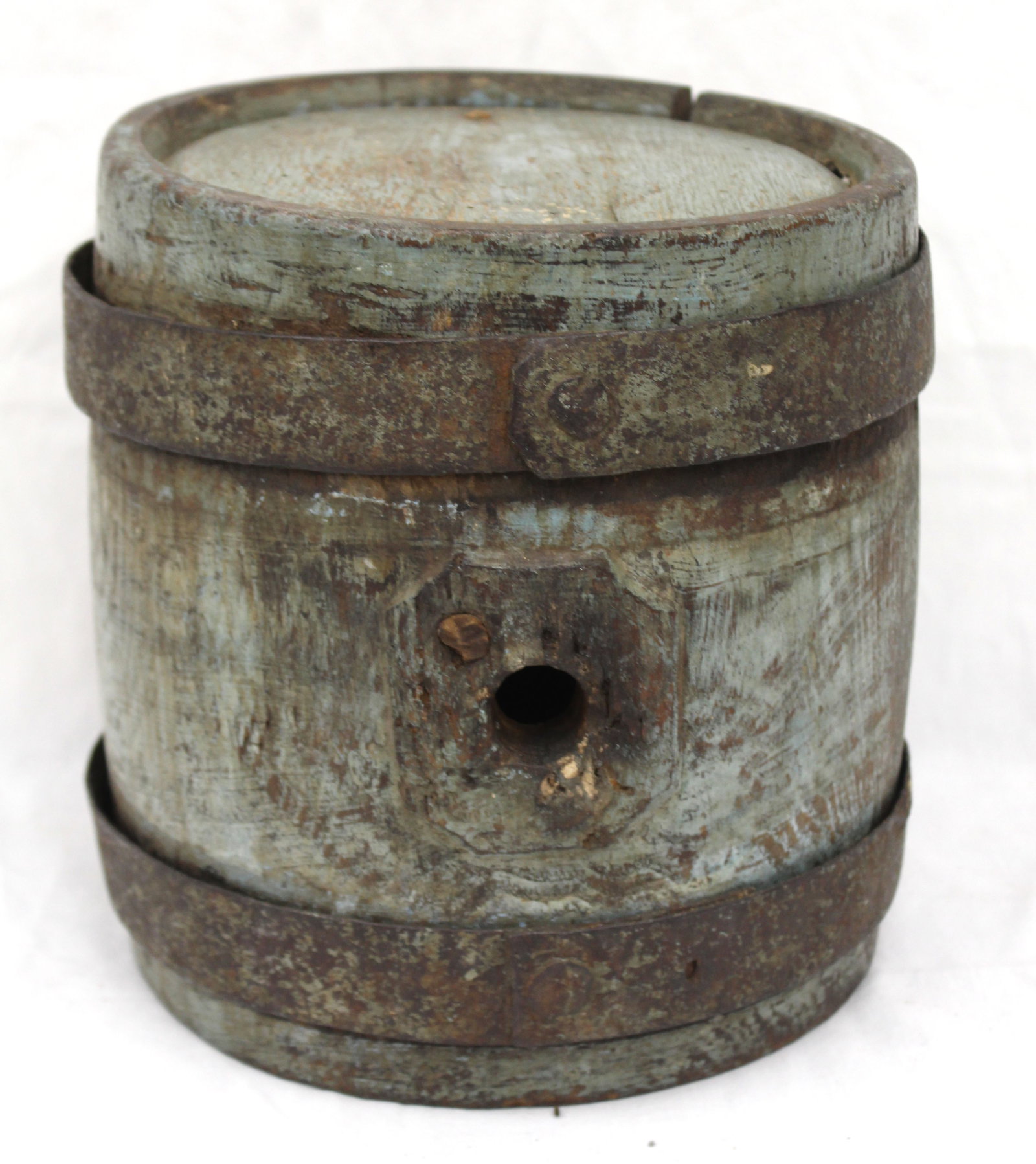 Antique wooden barrel keg in blue paint w iron banding - 9" tall x 8 1/2" diam: Antique wooden barrel keg in blue paint w iron banding - 9" tall x 8 1/2" diam