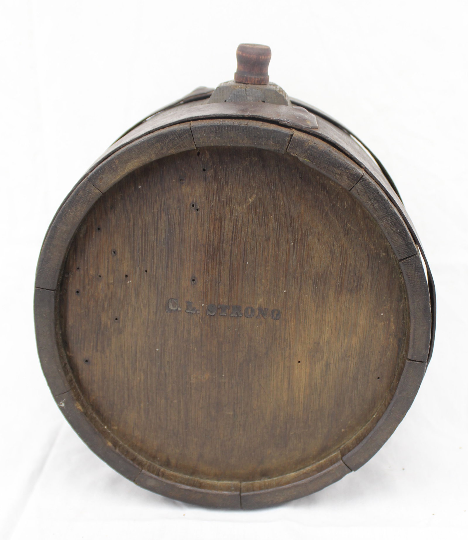 Antique wooden canteen w iron banding - marked CL Strong - 5 1/2" tall x 9 1/2" diam (1 of 7)
