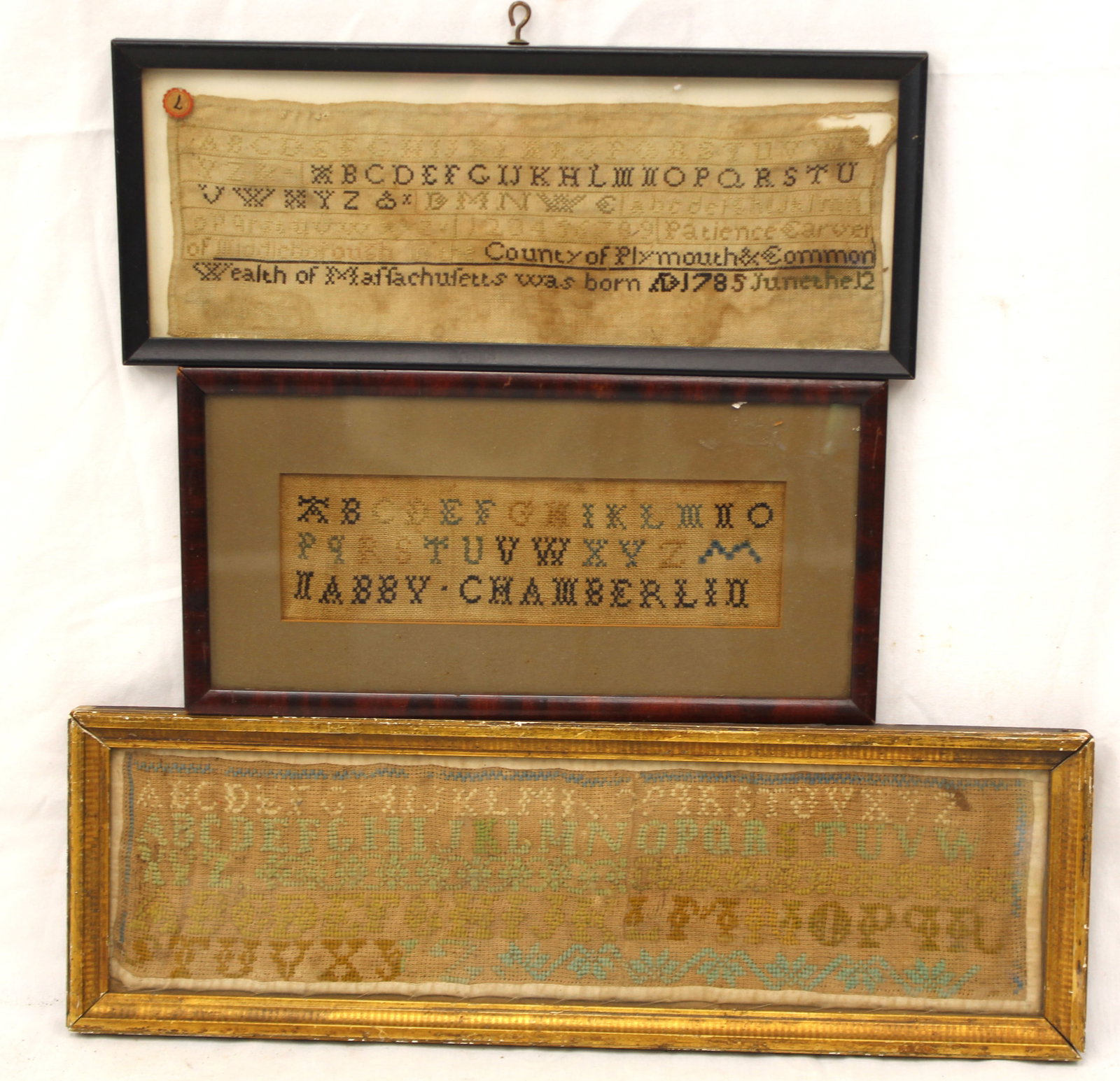 Lot of 3 antique panoramic samplers incl one by Patience Carver of Middleborough, MA Plymouth County (1 of 9)
