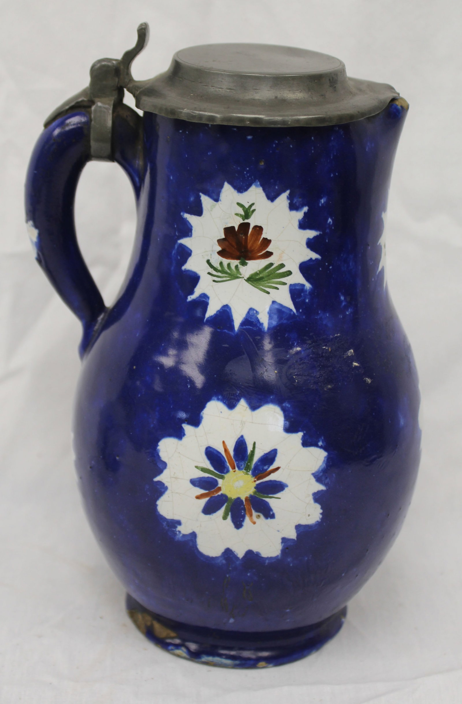 Antique Delft Pitcher w pewter lid - 10" tall: Antique Delft Pitcher w pewter lid - 10" tall