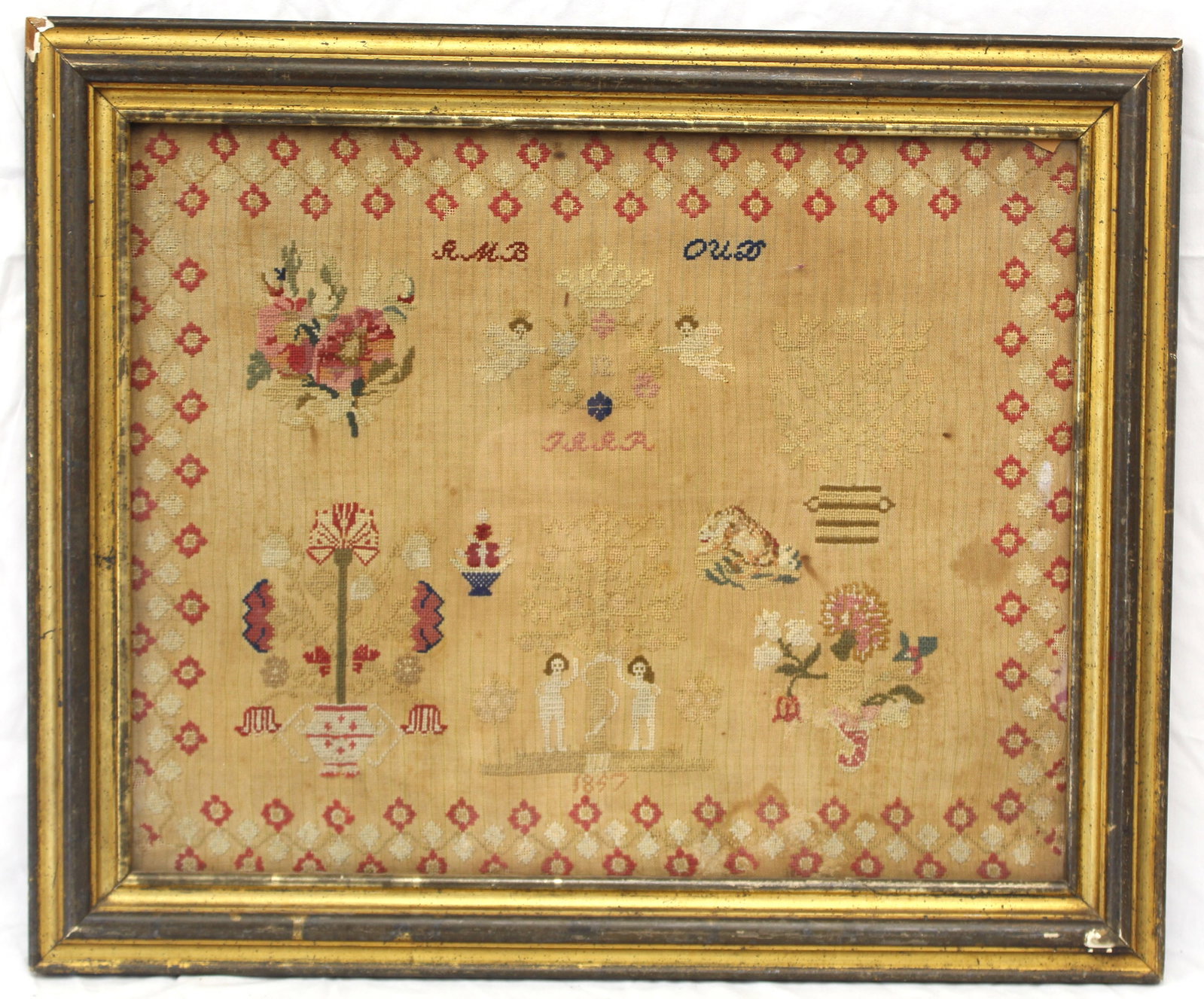 19thC pictoral Adam & Eve sampler dated 1857 - overall framed size 23 1/2"x28 1/2" (1 of 8)