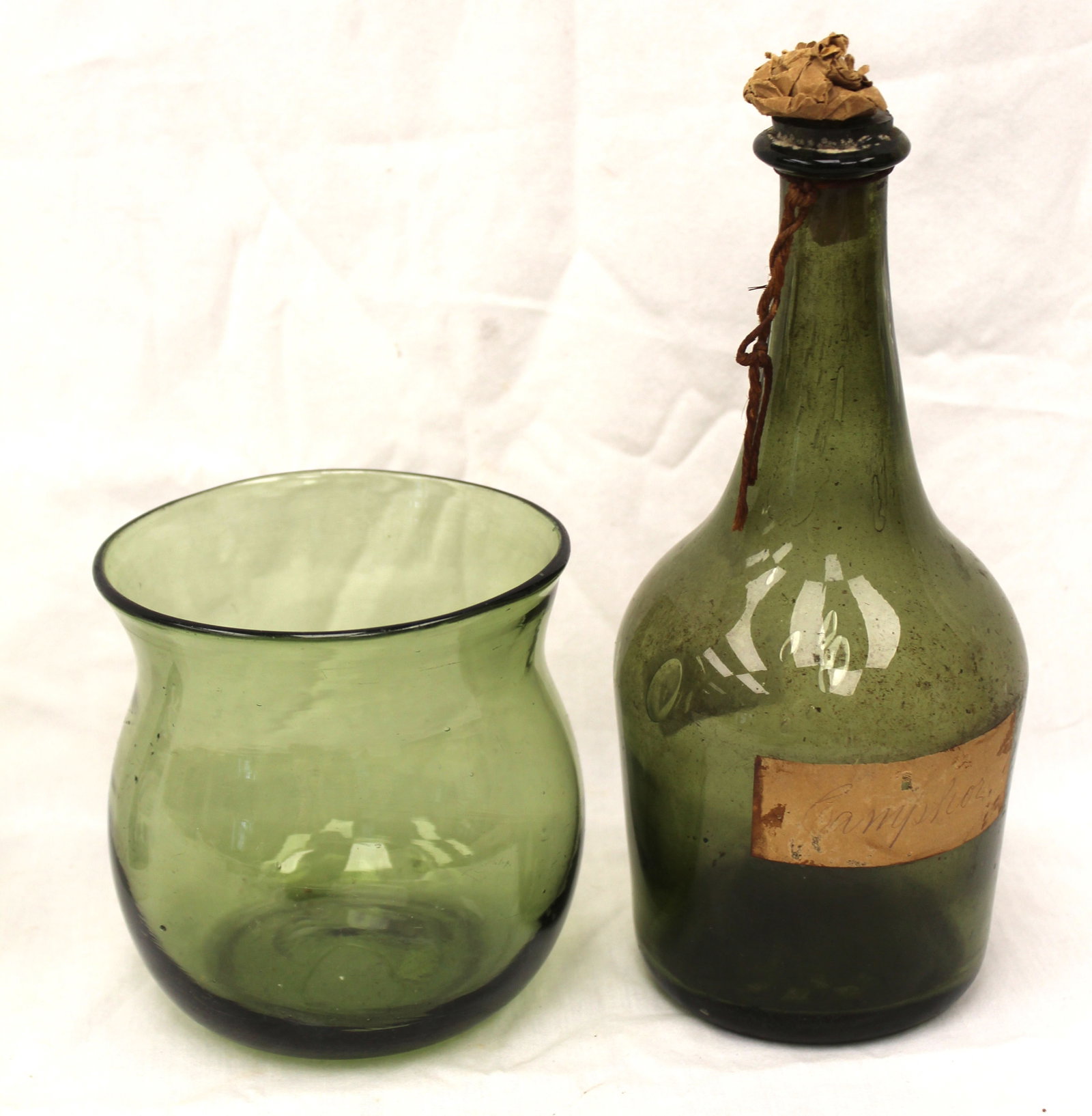 Lot of 2 early green glass items incl jar & bottle - 5" tall x 4 1/2" diam & 9" tall (1 of 9)