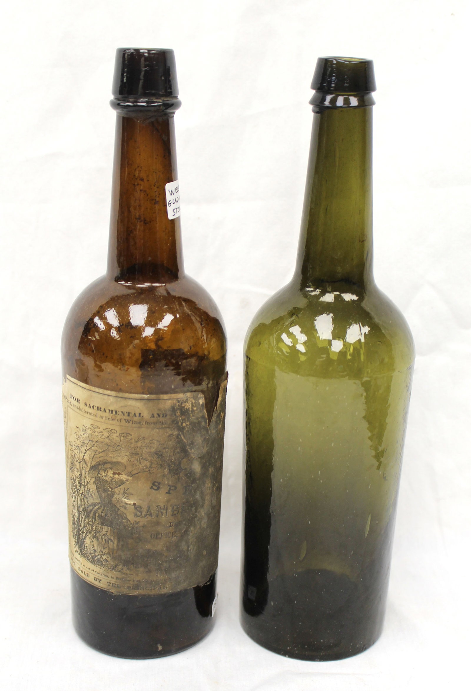 Lot of 2 early green & amber glass bottles incl 1 w orig paper label - 11 1/2" tall (1 of 7)