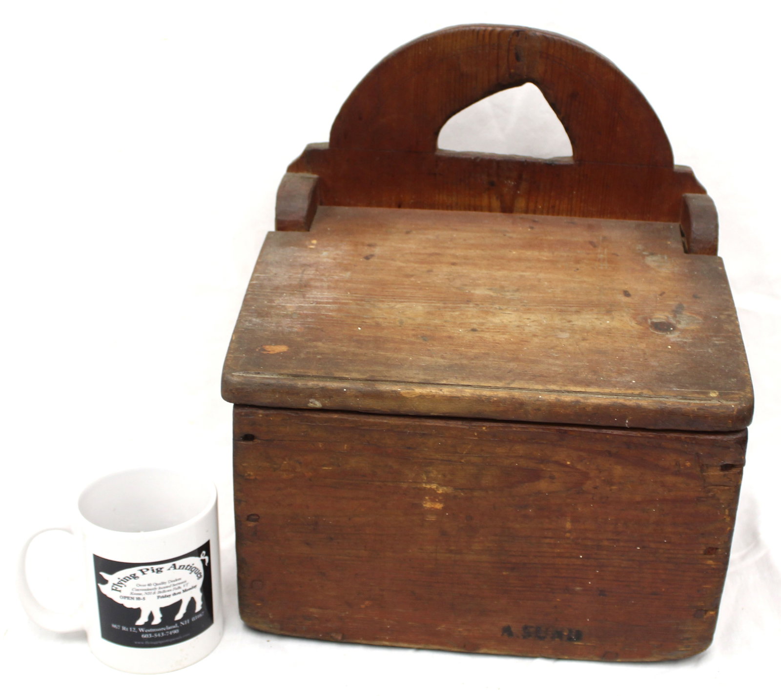 18thC salt box signed on front A. Sund - 14" tall x 11"x9" - 2