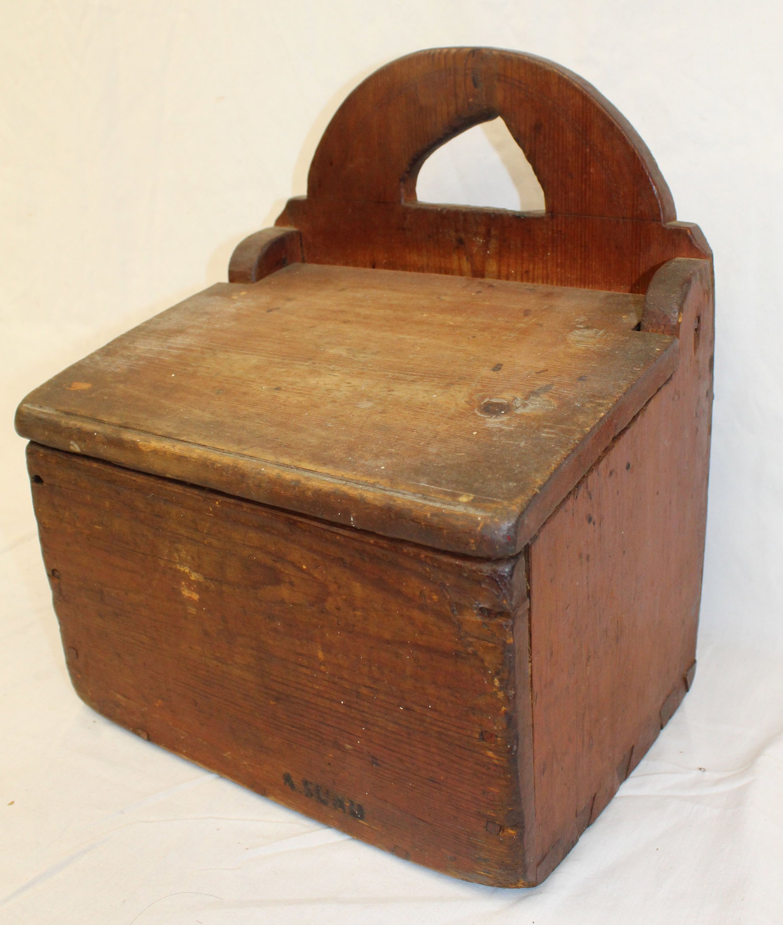 18thC salt box signed on front A. Sund - 14" tall x 11"x9" - 5