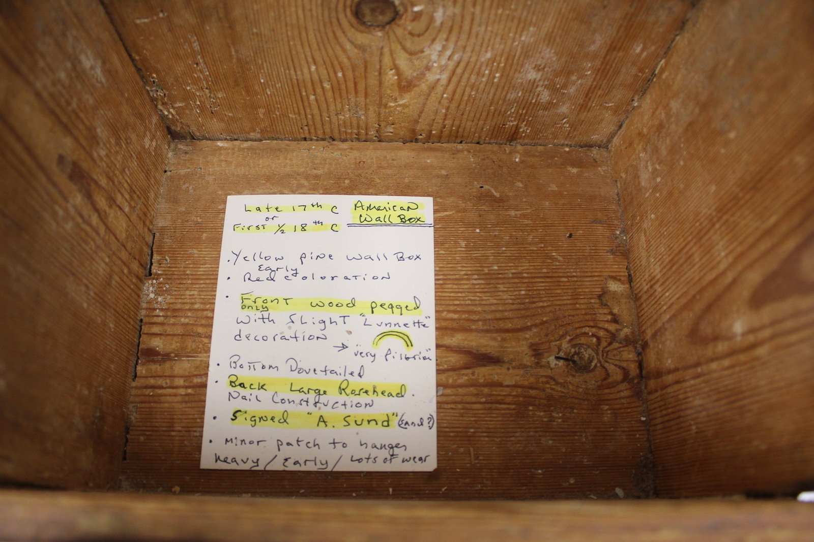 18thC salt box signed on front A. Sund - 14" tall x 11"x9" - 6