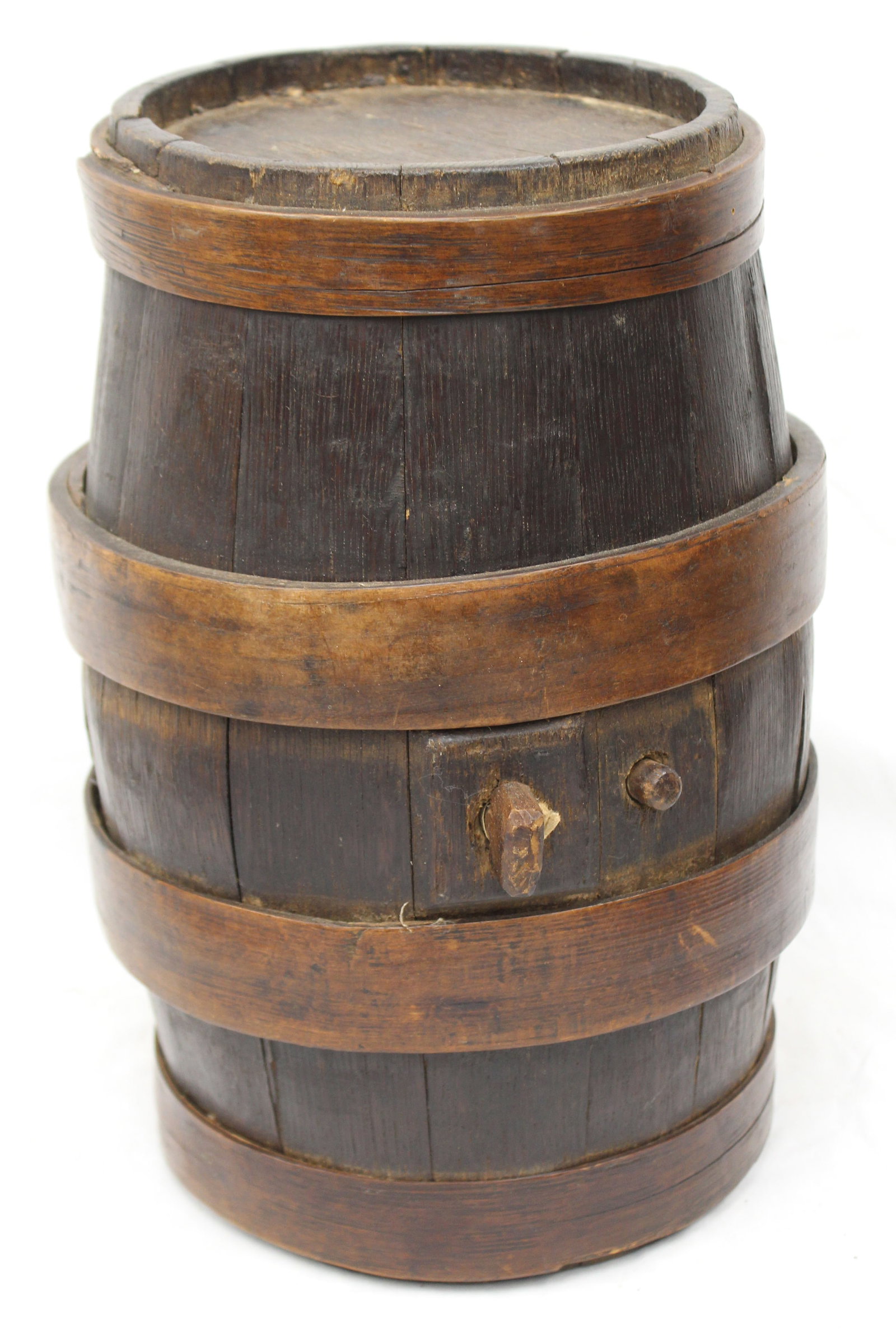 Antique wooden barrel keg w swallow tail banding - 14 1/2" tall x 8" diam (1 of 6)