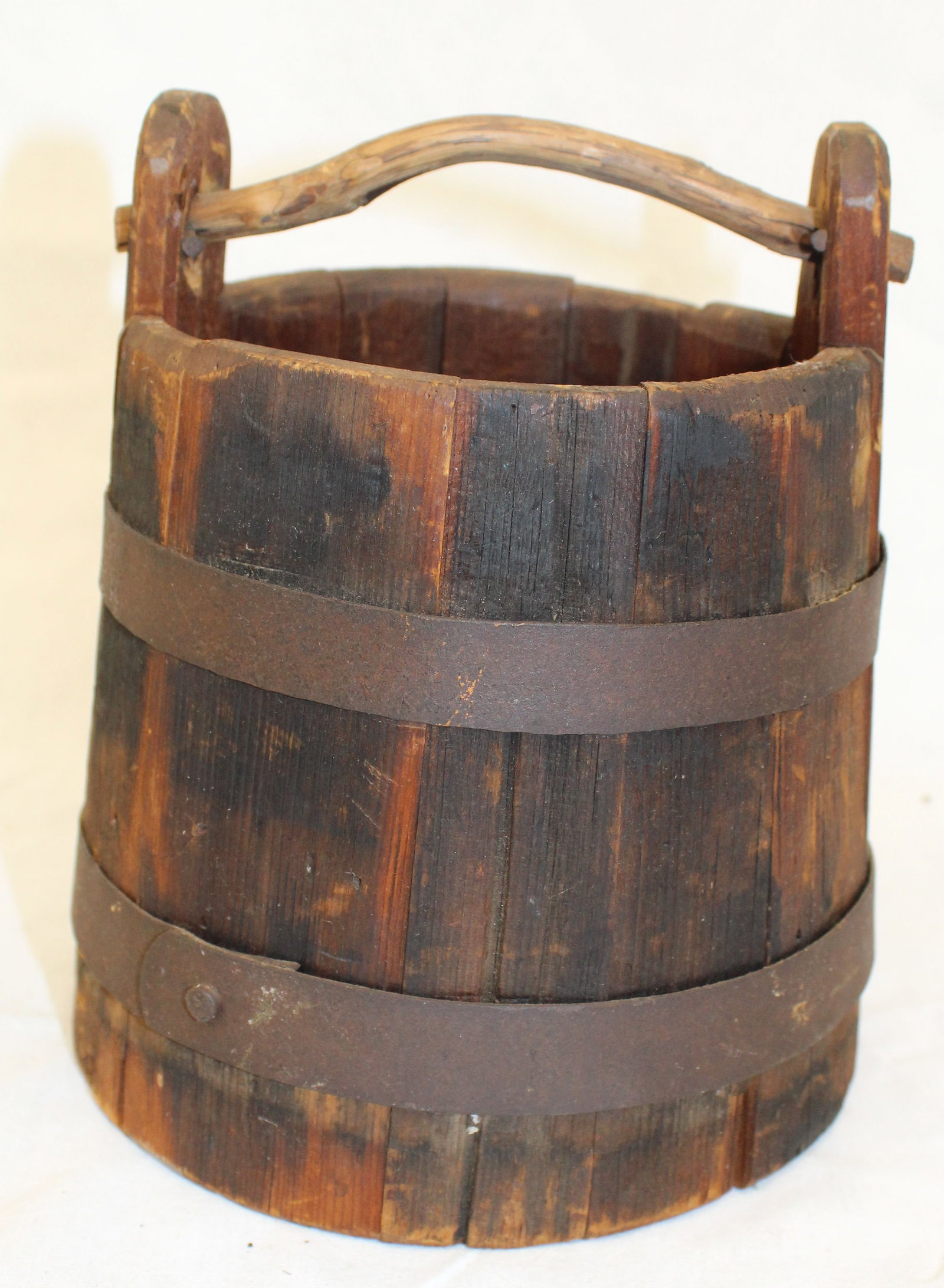 Antique wooden staved bucket w wooden pinned bail handle & iron banding - 7 1/4" tall x 5" diam (1 of 7)
