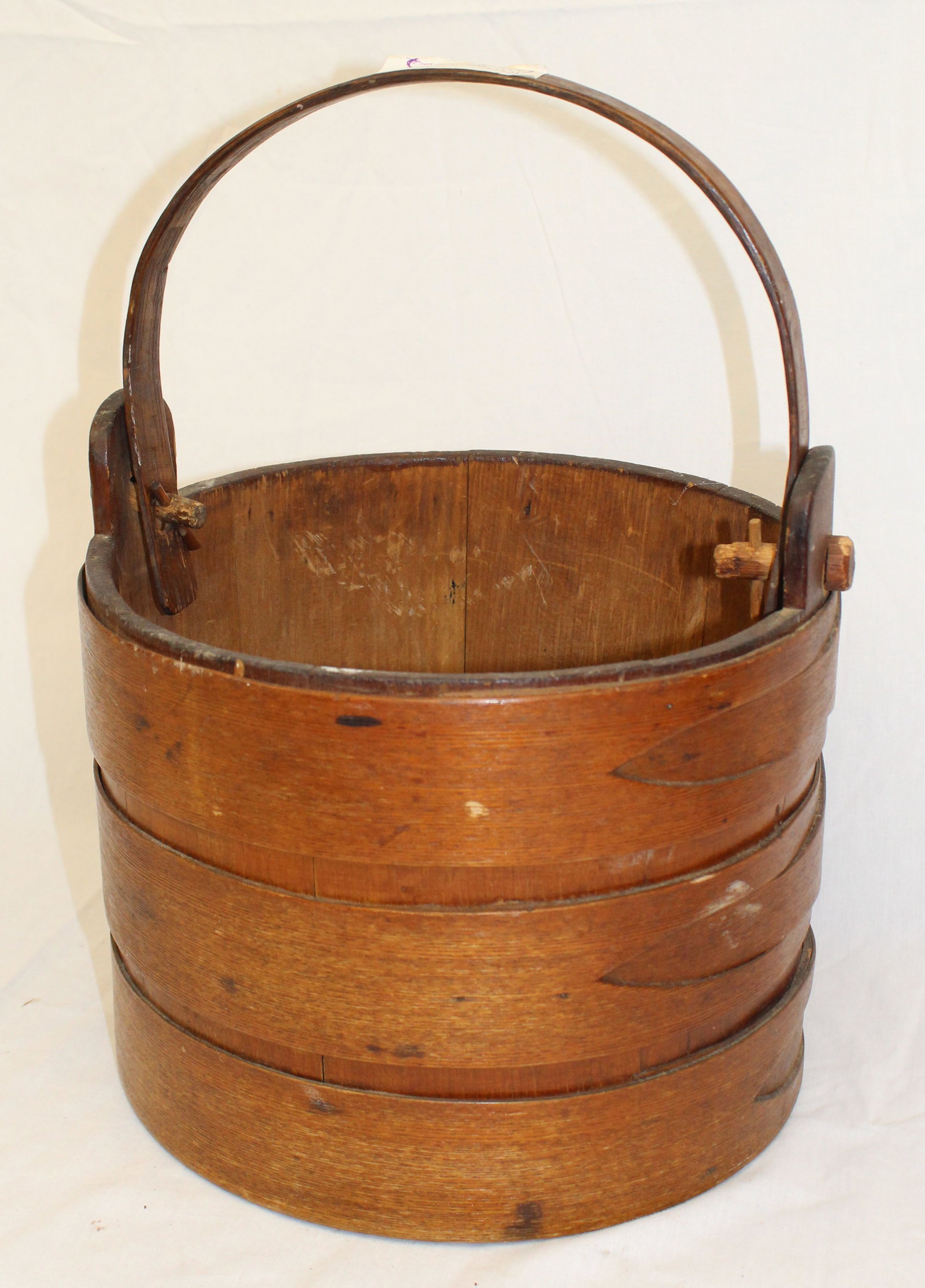 Antique wooden bucket w swallow tail banding & wooden pinned bail handle - 10 1/2" tall x 11 1/2" (1 of 6)
