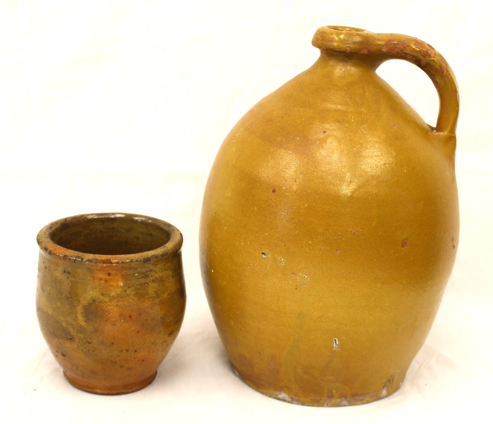 Lot of 2 pieces of antique redware incl small jar & large jug in yellow glaze - 4 1/2" x4" diam & (1 of 11)