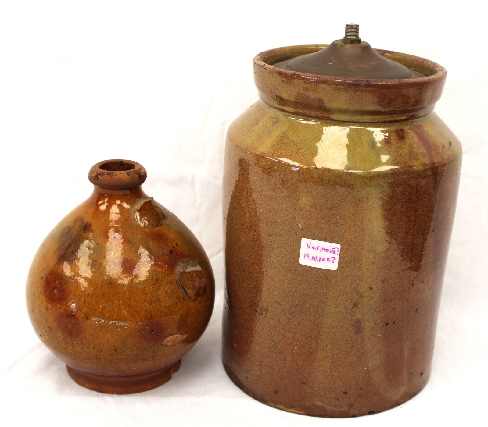 Lot of 2 pieces of antique redware incl small jug (as found no handle) & a jar converted to a lamp - (1 of 12)
