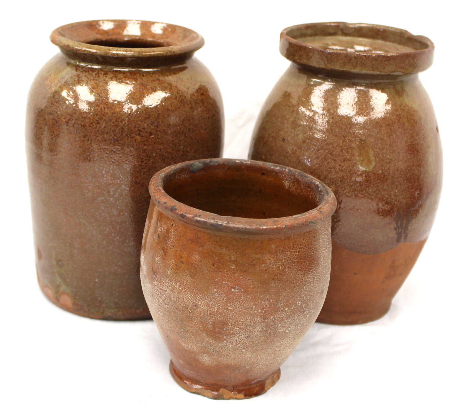 Lot of 3 antique redware jars - 5 1/2", 8" & 8 1/2" tall (1 of 9)