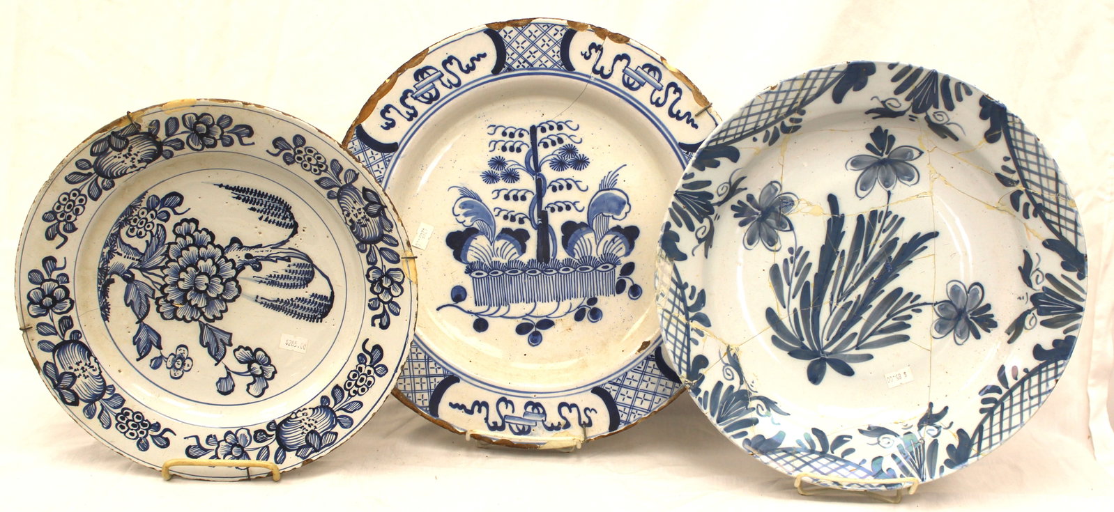 Lot of 3 antique Delft blue & white chargers - 11", 13" & 14" diam (1 of 10)