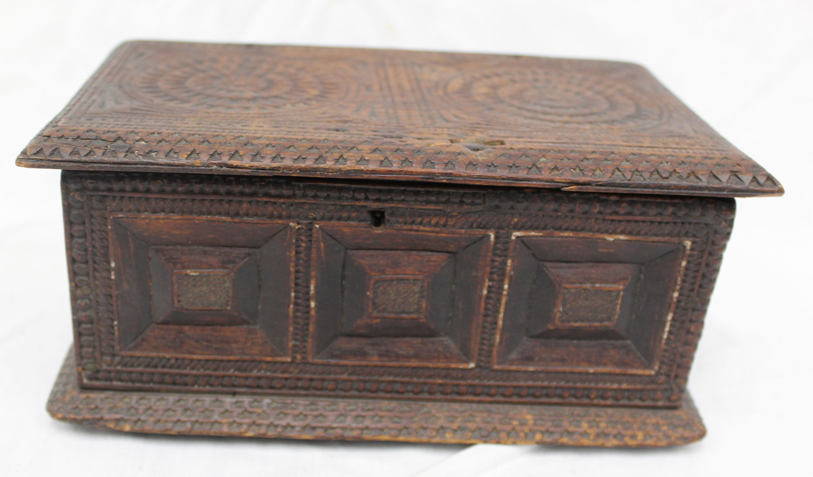 18thC heavily carved valuables box w snipe hinges & brass feet - 4" tall x 8 3/4"x5" (1 of 6)