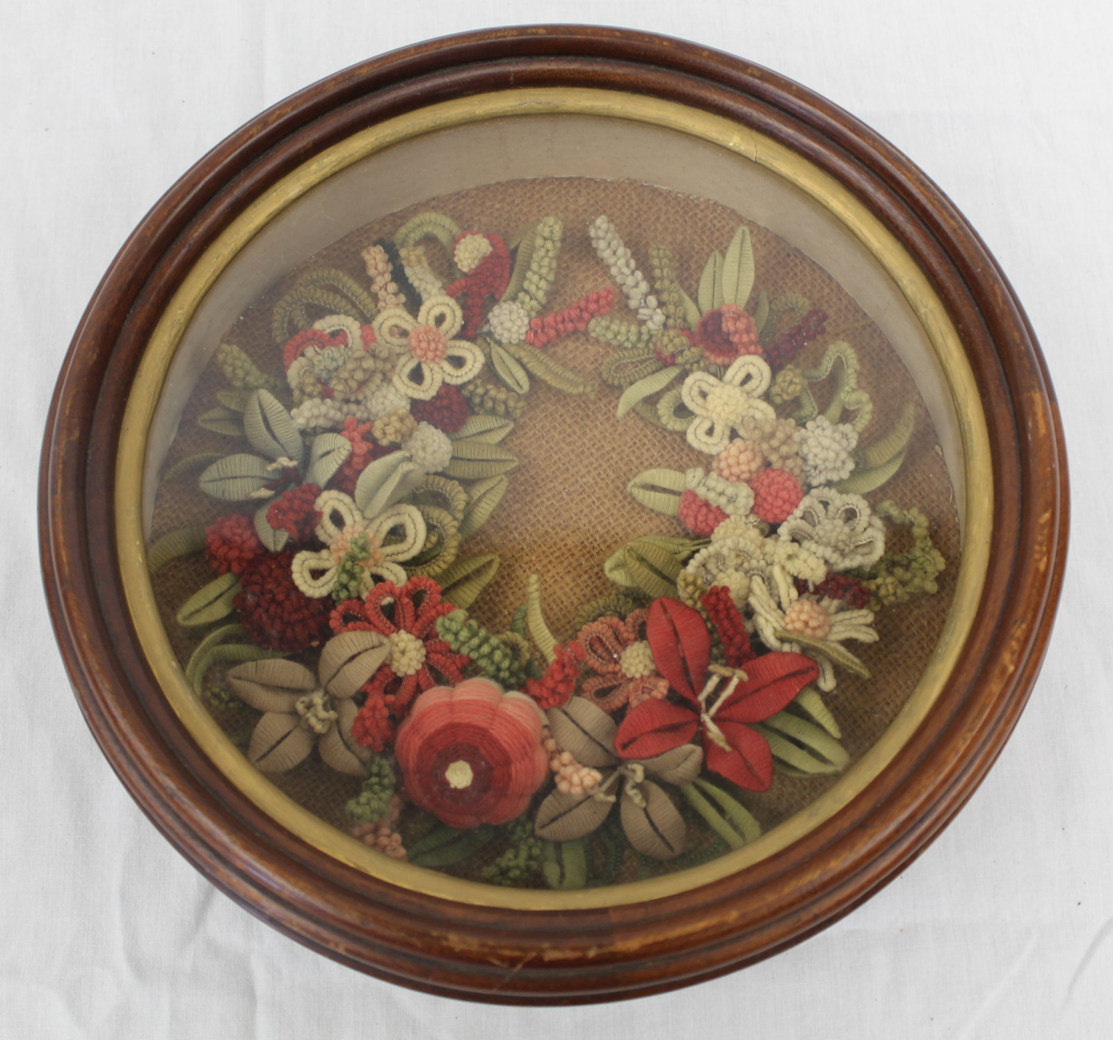 Victorian yarn & stitching floral wreath in shadow box frame - 11" diam (1 of 3)