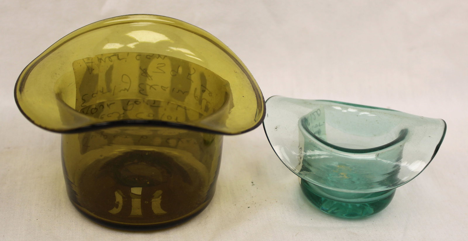 Lot of 2 early green & aqua glass hat - 1 1/2"x3 1/4"x2 1/2" & 2 3/4"x4"x4" (1 of 5)