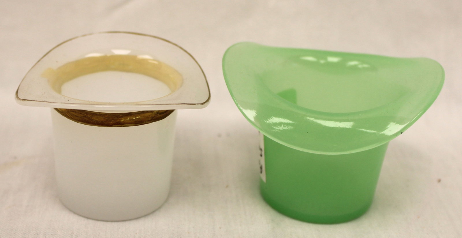 Lot of 2 early green & white opaque glass hats - 2"x2 1/2"x2 1/2" & 2"x2 3/4"x2 1/2": Lot of 2 early green & white opaque glass hats - 2"x2 1/2"x2 1/2" & 2"x2 3/4"x2 1/2"