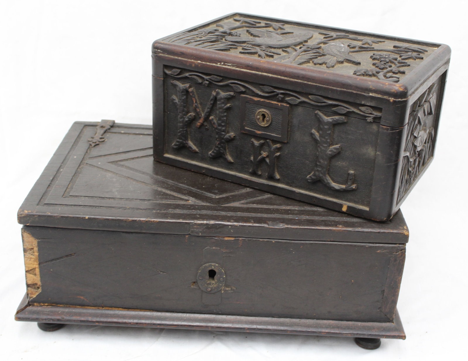 Lot of 2 antique heavily carved valuables boxes - 6 1/2" tall x 12"x8" & 6 1/2" tall x 16"x11 1/2" (1 of 10)