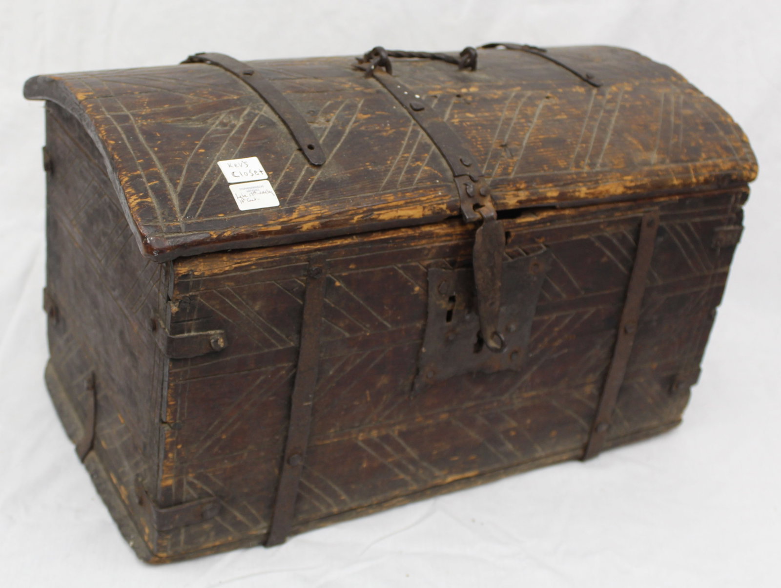 17th/18thC heavily carved & iron banded dometop box - 11 1/2" tall x 19 1/2"x10": 17th/18thC heavily carved & iron banded dometop box - 11 1/2" tall x 19 1/2"x10"