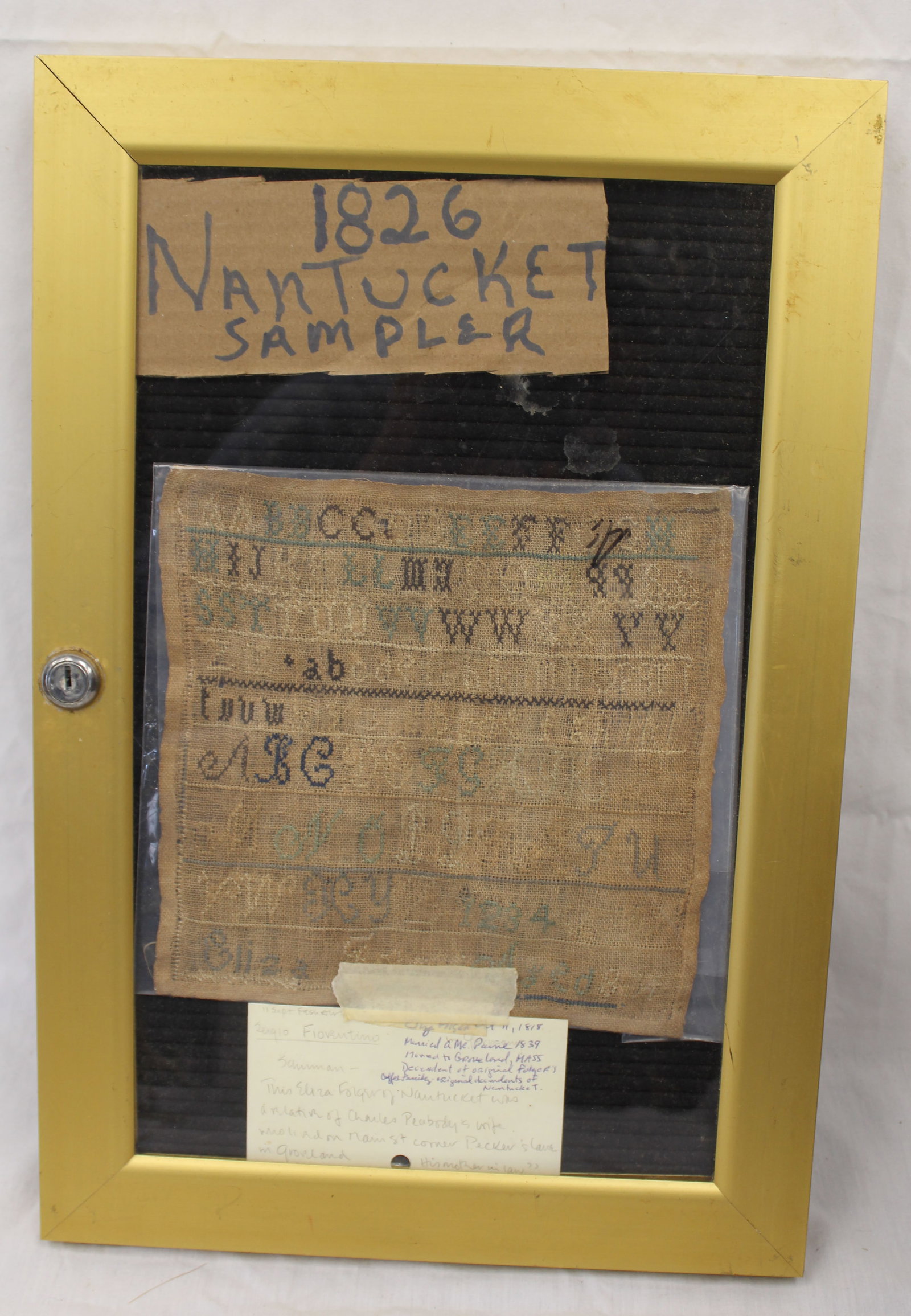 19thC sampler by Eliza Forger dated 1834 - said to be from Nantucket, MA - overall framed size (1 of 6)