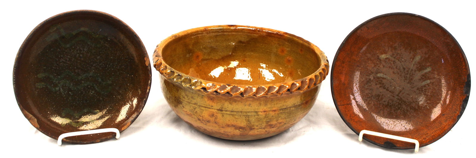 Lot of 3 antique redware items incl 2 small plates & a bowl - 8", 8 1/4" & 11" diam (1 of 11)