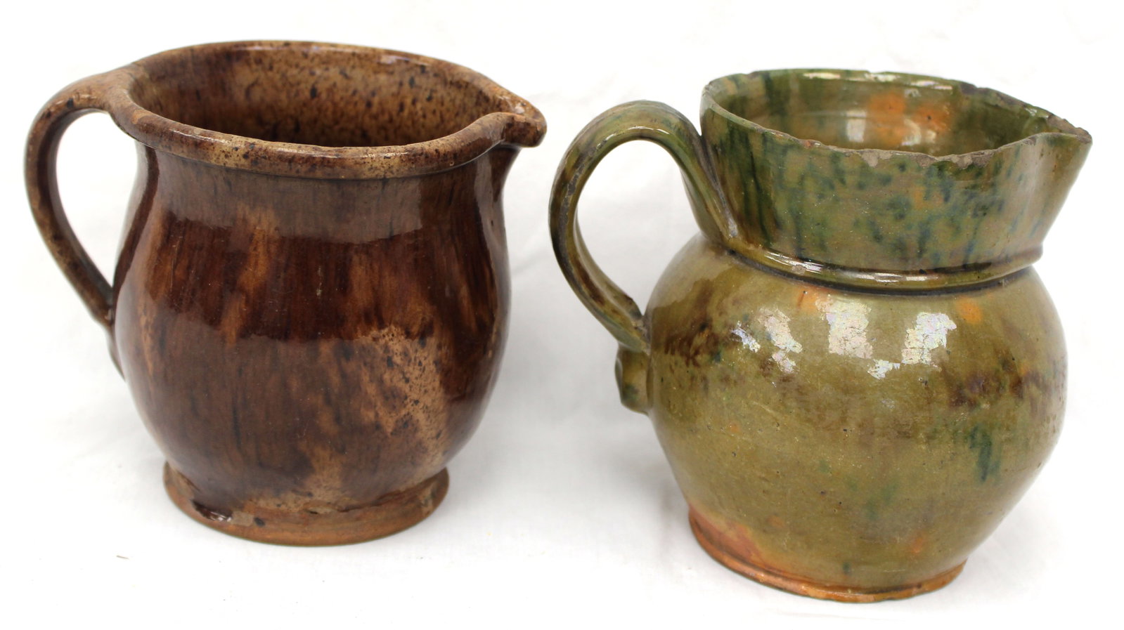 Lot of 2 antique redware pitchers - 5 1/2" & 5" tall (1 of 9)