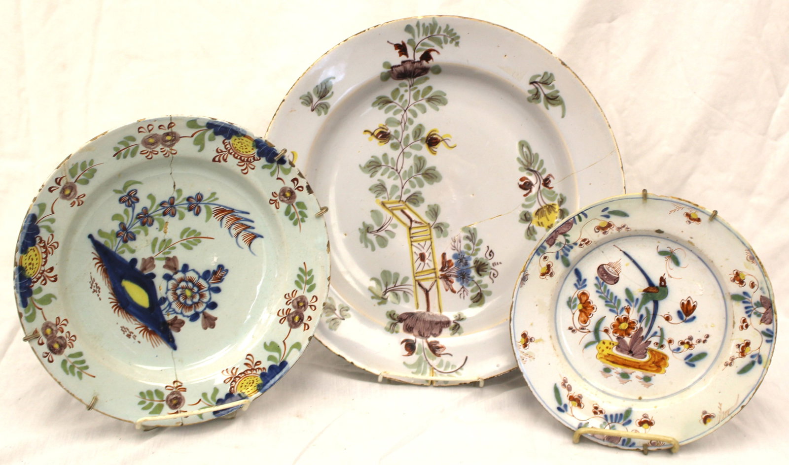 Lot of 3 antique French Faience plates - 8 3/4", 10 1/4" & 12 1/2" diam (1 of 9)