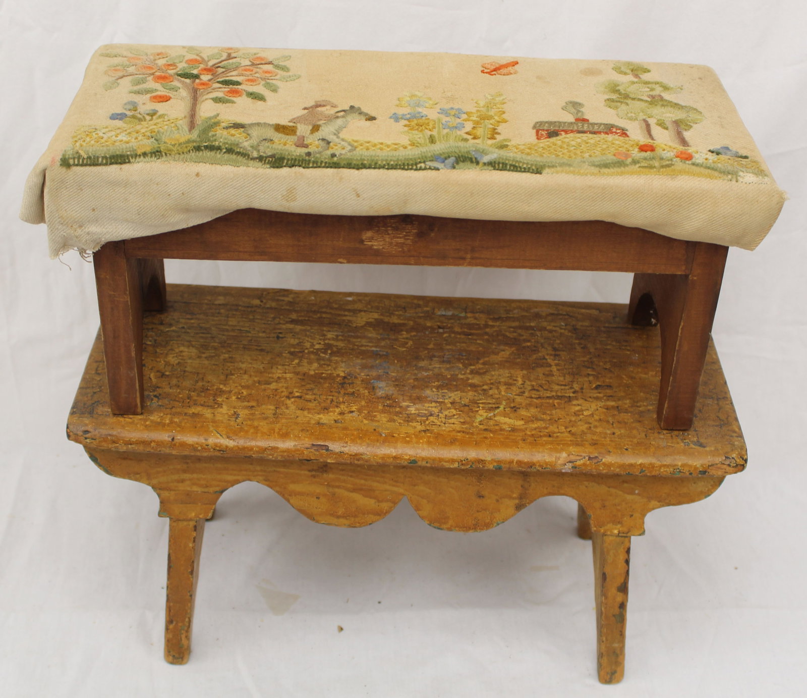 Lot of 2 antique footstools incl 1 w embroidered upholstered top - 8" tall x 16"x7" & 7" tall x (1 of 7)