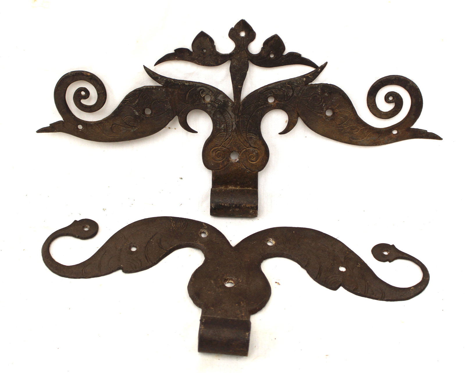 Lot of 2 antique iron decorative hinges - 12 1/2" & 14" wide (1 of 12)