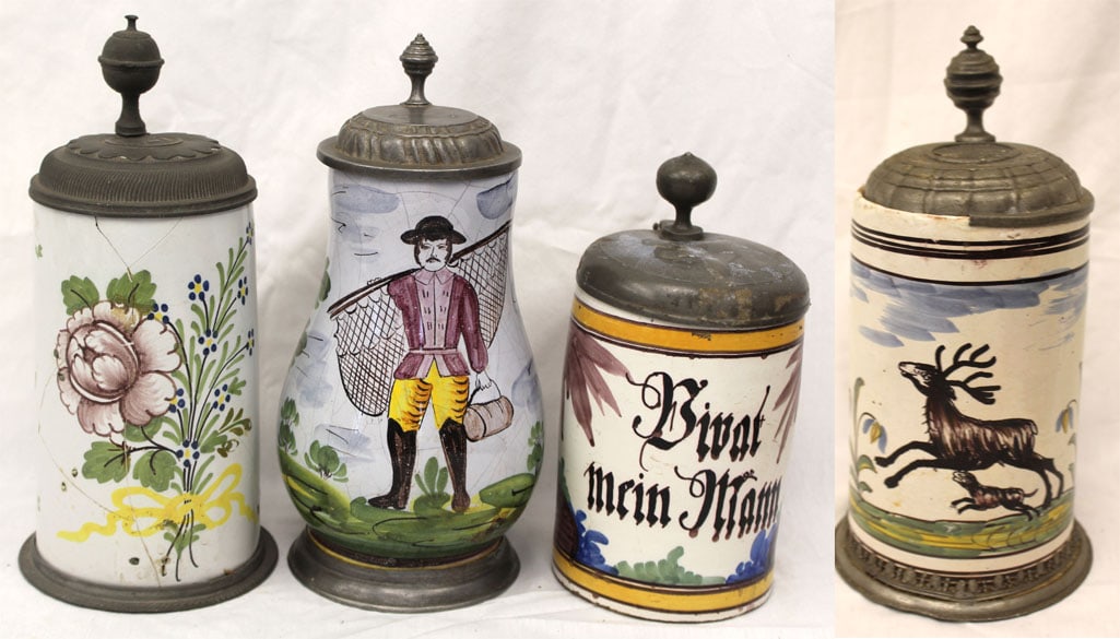 Lot of 4 antique Delft tankards w pewter lids - 8 1/2" - 10 1/2" tall (1 of 18)