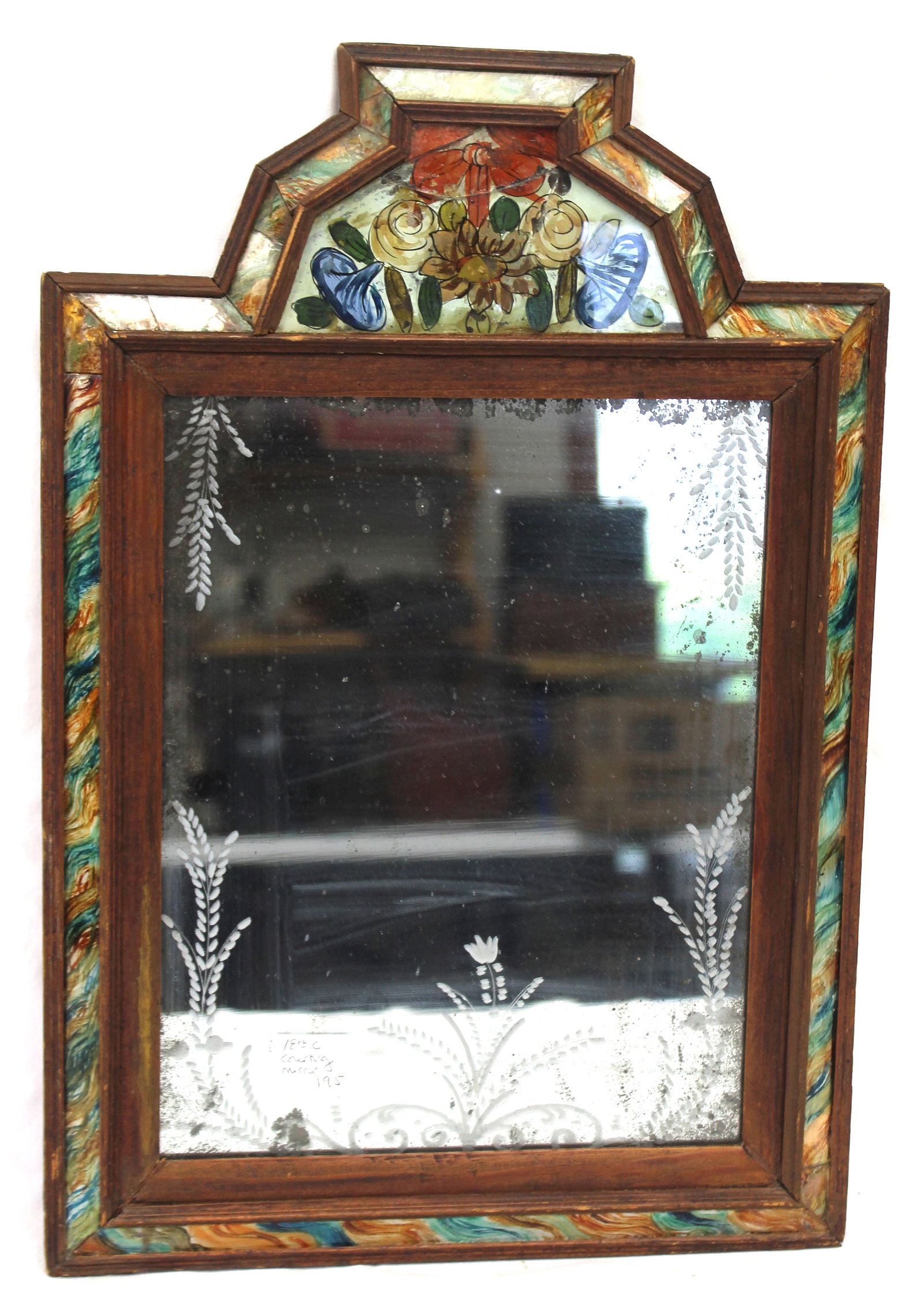 18thC courting mirror w etched glass & reverse painted surround - 16 1/2"x11" (1 of 7)