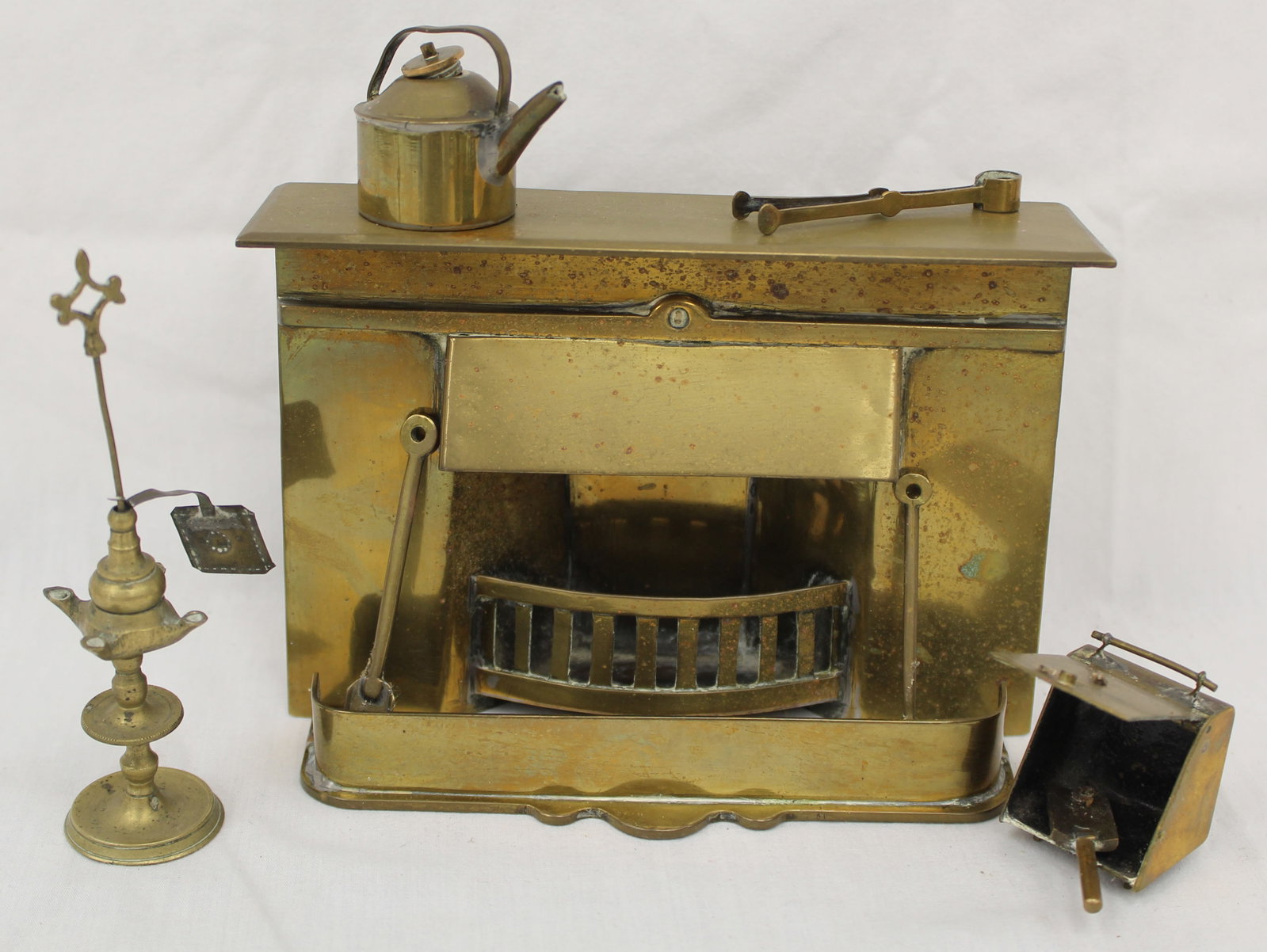 Antique miniature brass fireplace w accessories - fireplace measures 5" tall x 6 1/2" wide - (1 of 8)