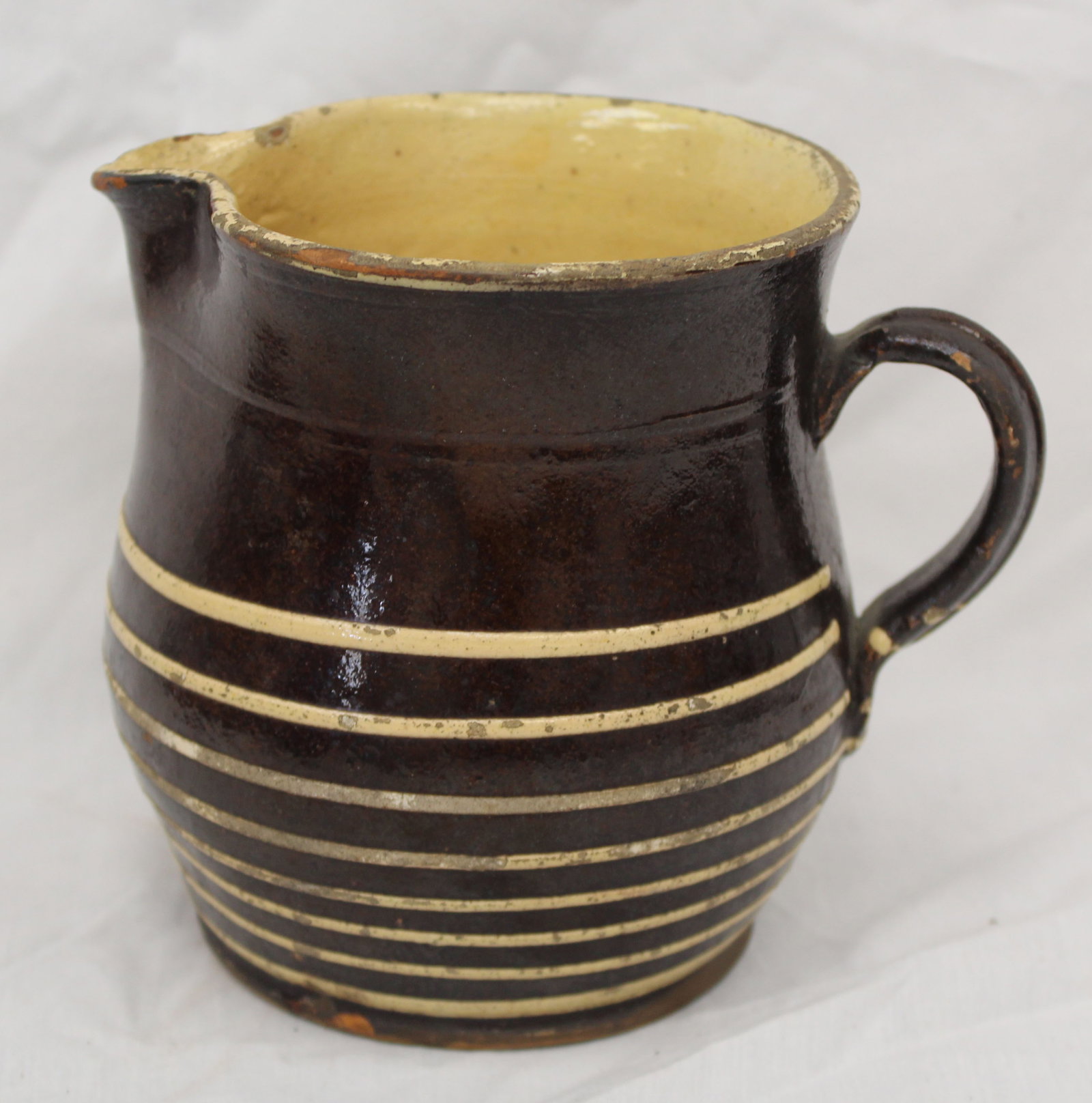 Antique redware creamer/pitcher w slip dec - 5 1/2" tall (1 of 6)