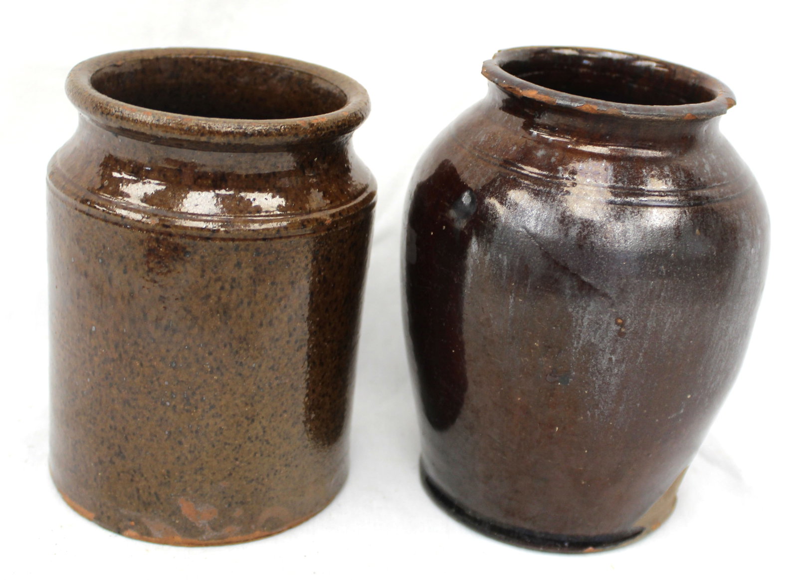 Lot of 2 small antique redware jars - 5 1/2" & 6" tall (1 of 6)