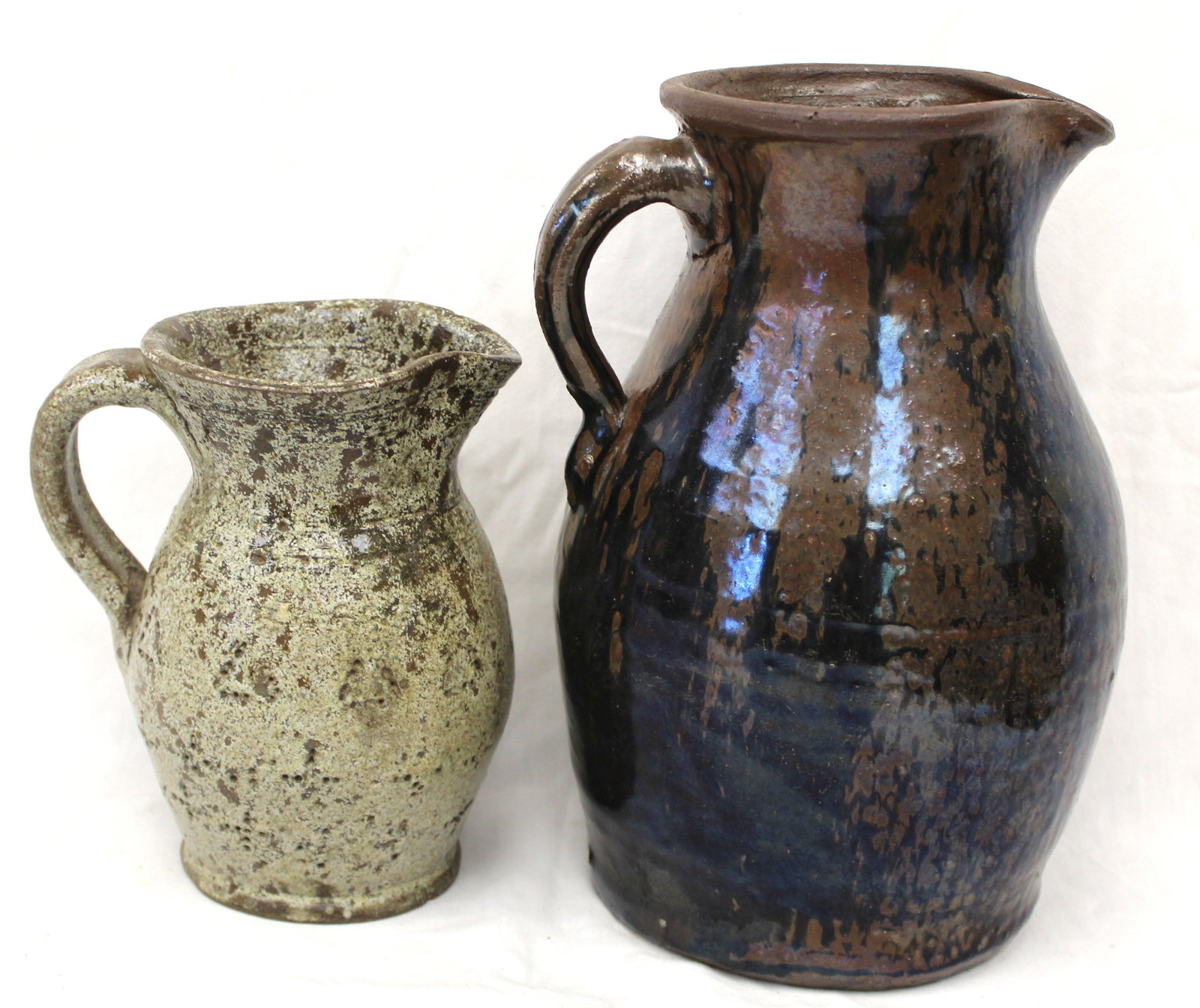 Lot of 2 antique pitchers - redware & earthenware - 10" & 7" tall (1 of 9)