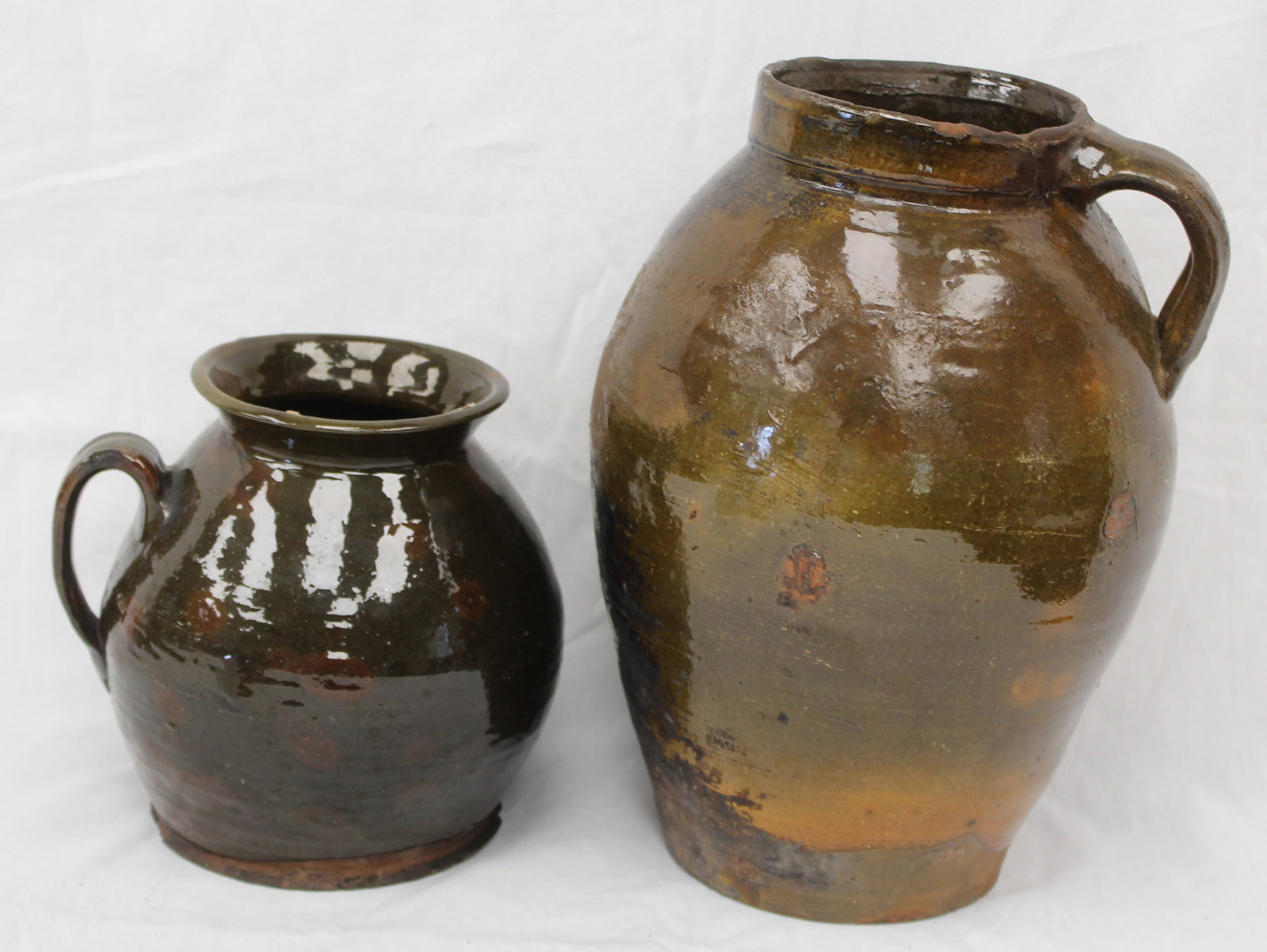 Lot of 2 antique redware jugs - 6 3/4" & 11 1/2" tall (1 of 11)